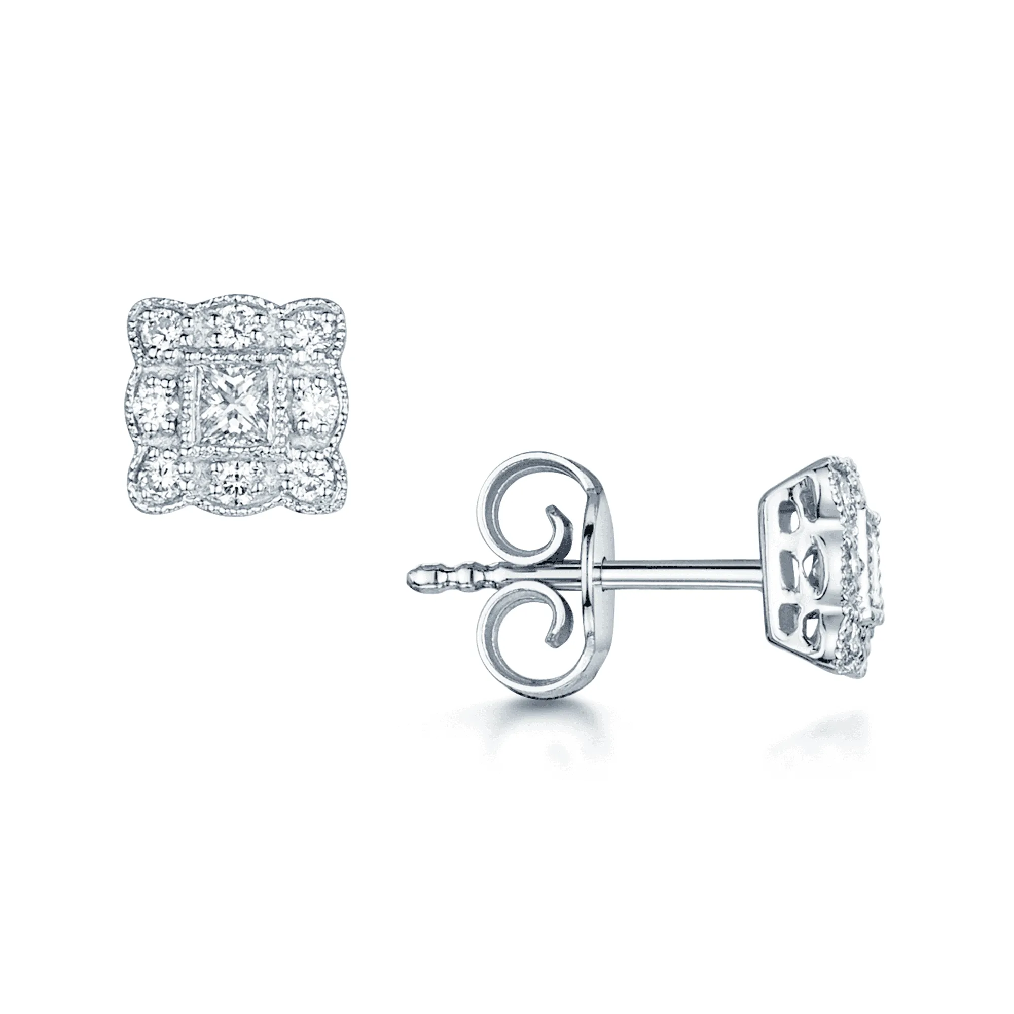 18ct White Gold Diamond Square Vintage Stud Earrings With Milgrain Edge