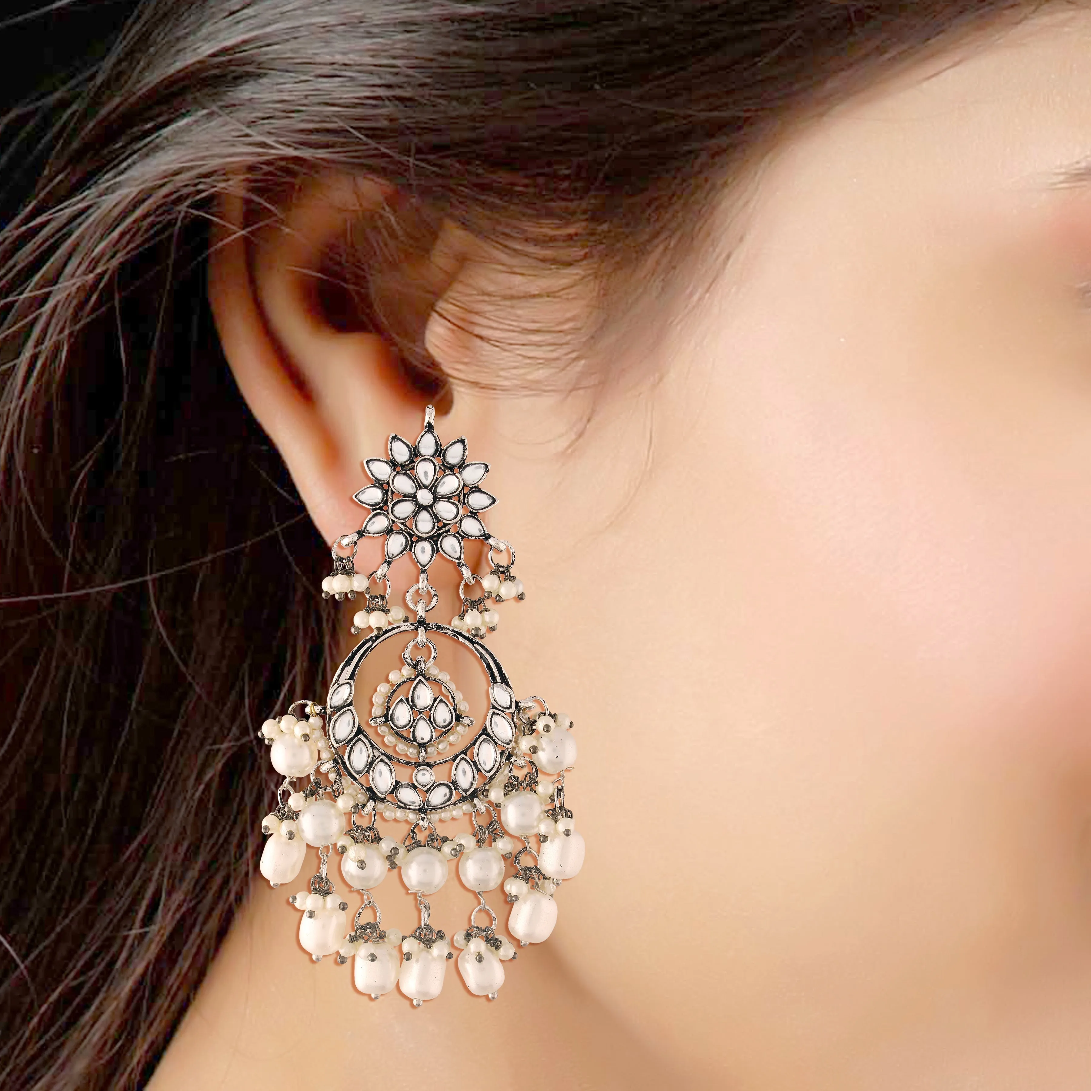 18k Silver Oxidised Traditional Handcrafted Pearl Kundan Beaded Chandbali Earrings for Women/Girls - Wahe Jewels