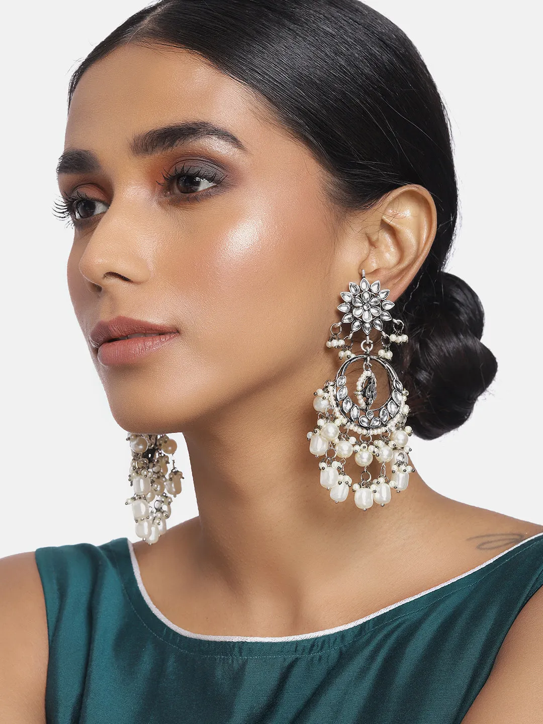 18k Silver Oxidised Traditional Handcrafted Pearl Kundan Beaded Chandbali Earrings for Women/Girls - Wahe Jewels
