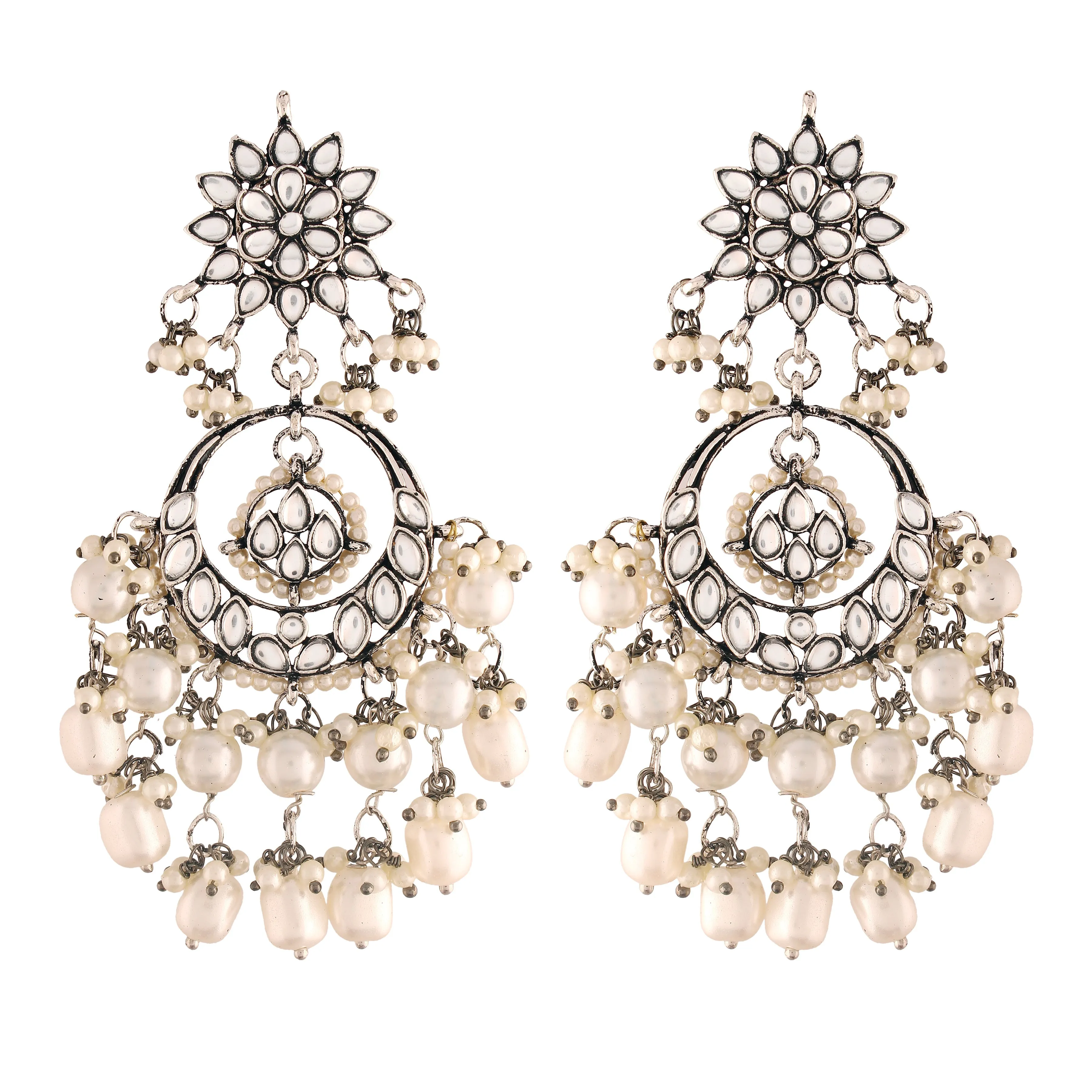 18k Silver Oxidised Traditional Handcrafted Pearl Kundan Beaded Chandbali Earrings for Women/Girls - Wahe Jewels