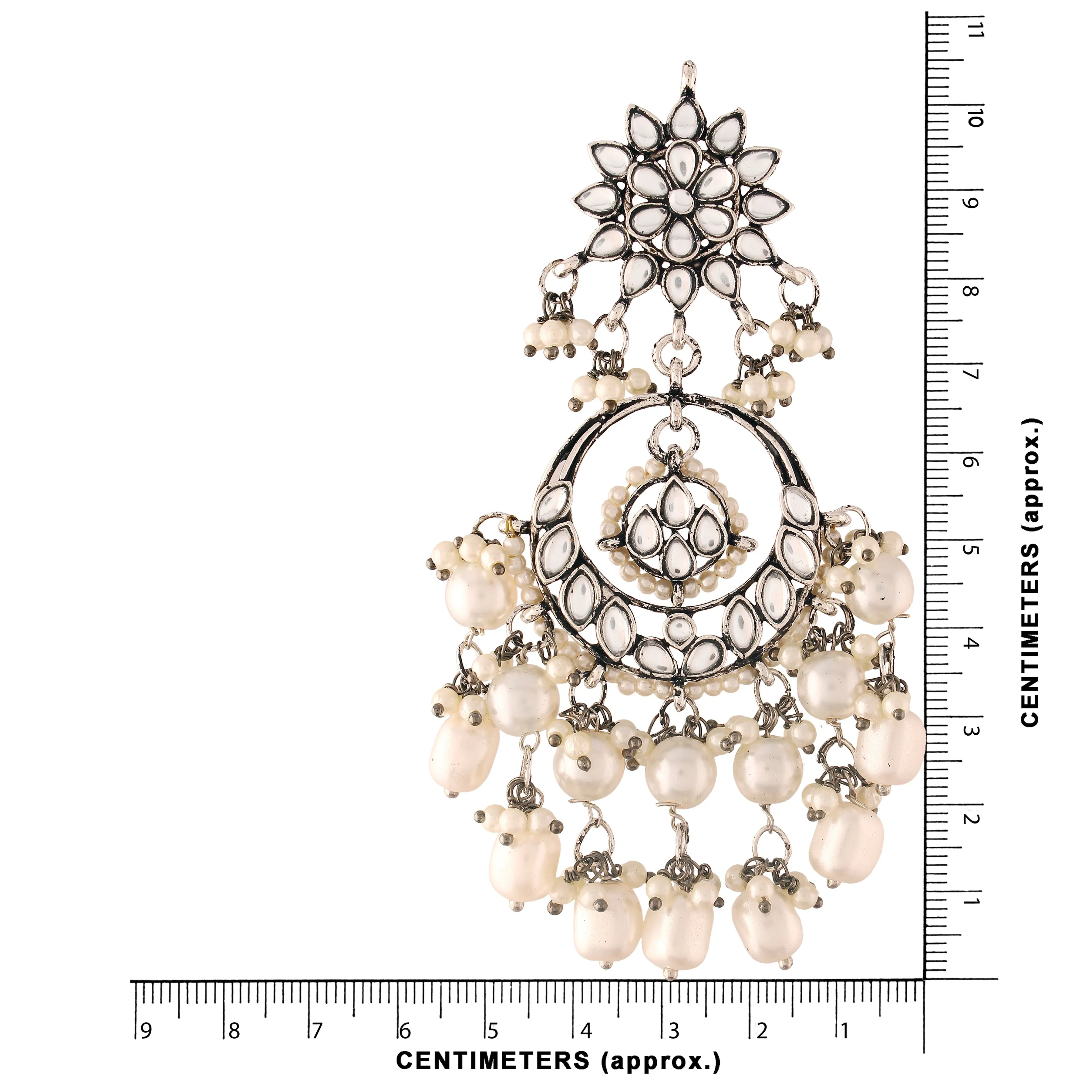 18k Silver Oxidised Traditional Handcrafted Pearl Kundan Beaded Chandbali Earrings for Women/Girls - Wahe Jewels