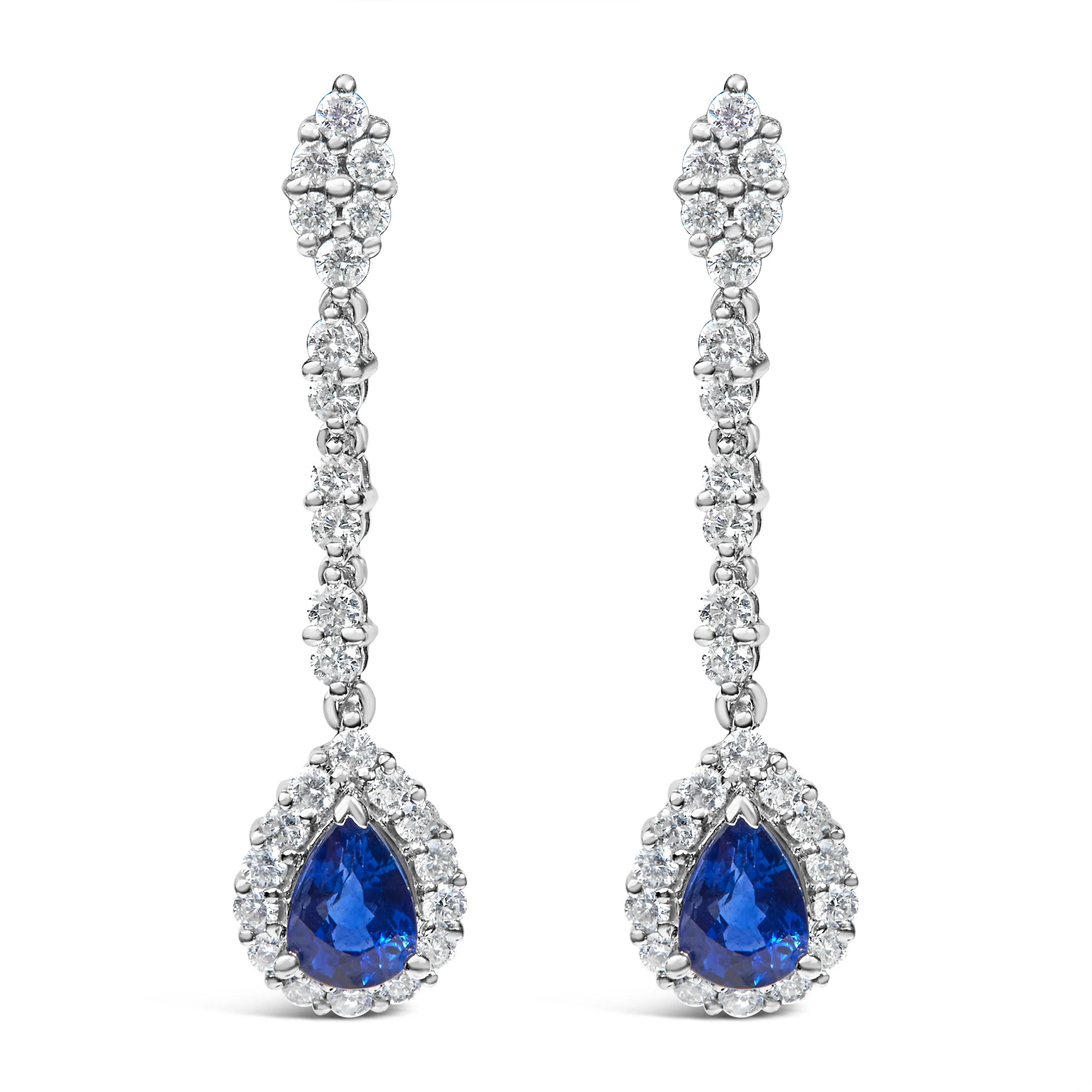 18K White Gold 1 3/5 Cttw Diamond and 7X5 MM Pear Shaped Blue Sapphire 1 1/3 Inch Drop and Dangle Halo Earrings