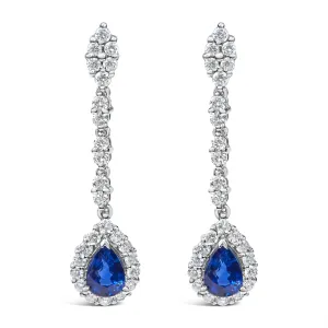 18K White Gold 1 3/5 Cttw Diamond and 7X5 MM Pear Shaped Blue Sapphire 1 1/3 Inch Drop and Dangle Halo Earrings