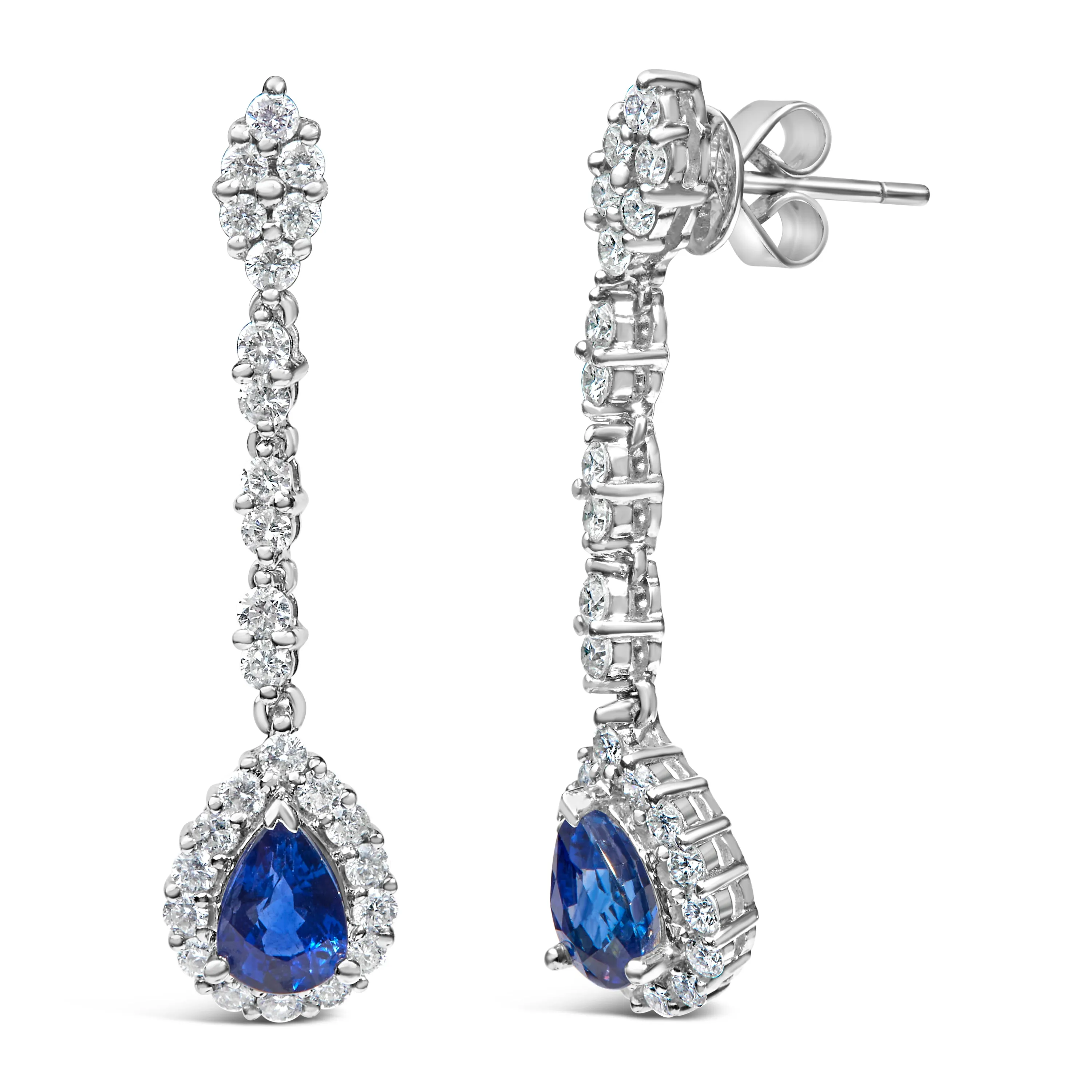 18K White Gold 1 3/5 Cttw Diamond and 7X5 MM Pear Shaped Blue Sapphire 1 1/3 Inch Drop and Dangle Halo Earrings
