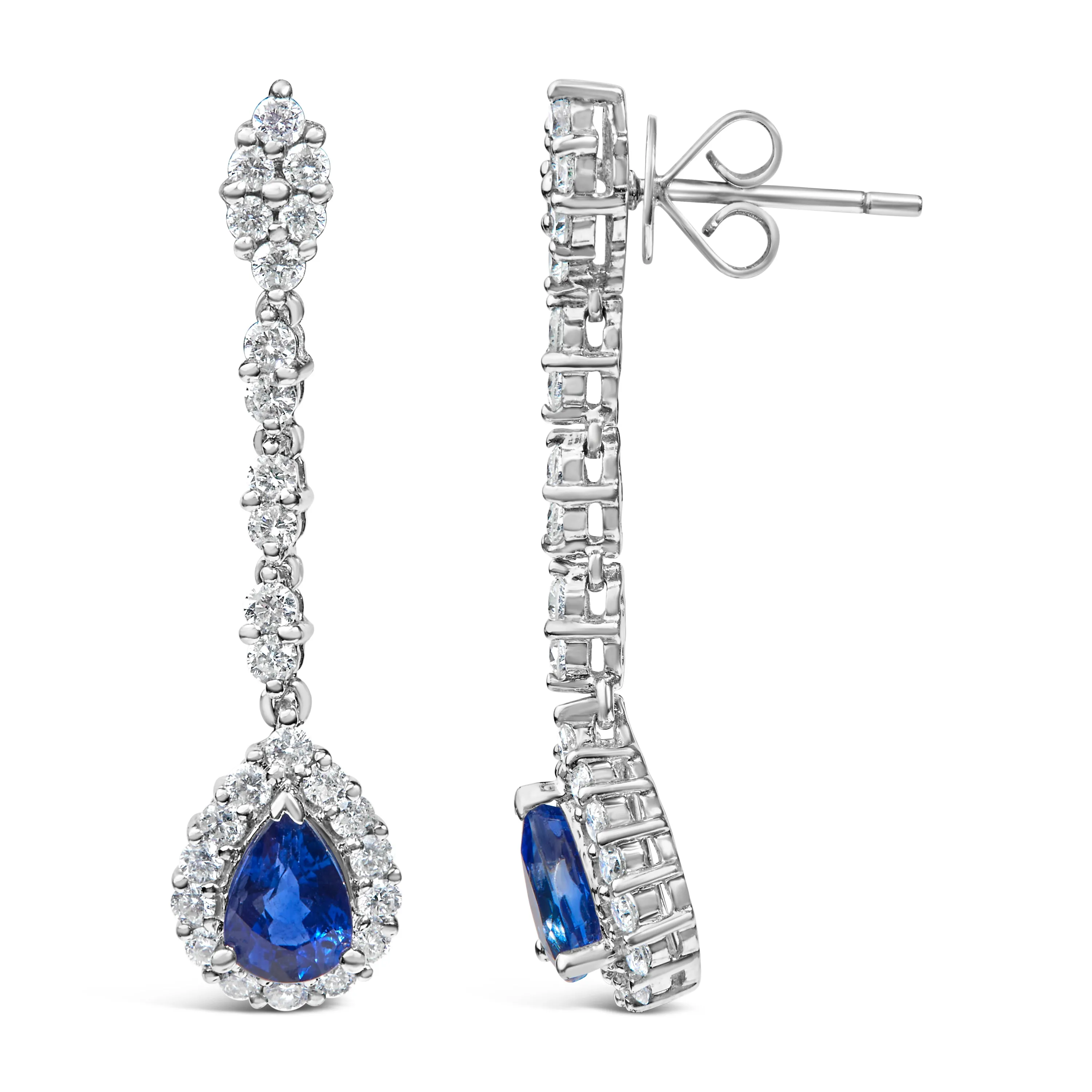18K White Gold 1 3/5 Cttw Diamond and 7X5 MM Pear Shaped Blue Sapphire 1 1/3 Inch Drop and Dangle Halo Earrings