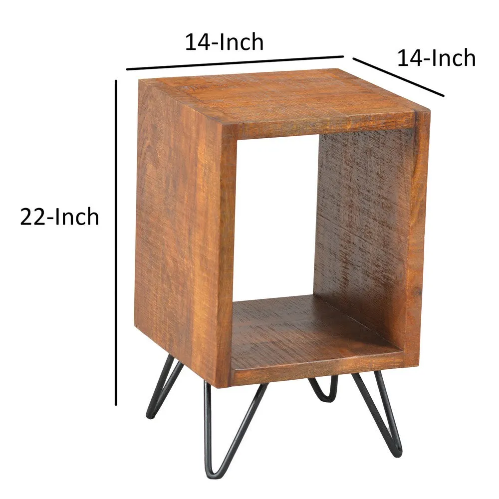 22 Inch Textured Cube Shape Wooden Nightstand with Angular Legs, Brown and Black By The Urban Port