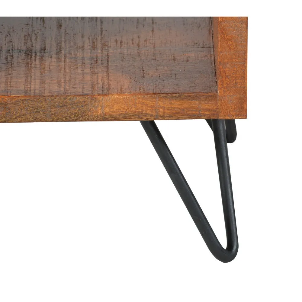 22 Inch Textured Cube Shape Wooden Nightstand with Angular Legs, Brown and Black By The Urban Port