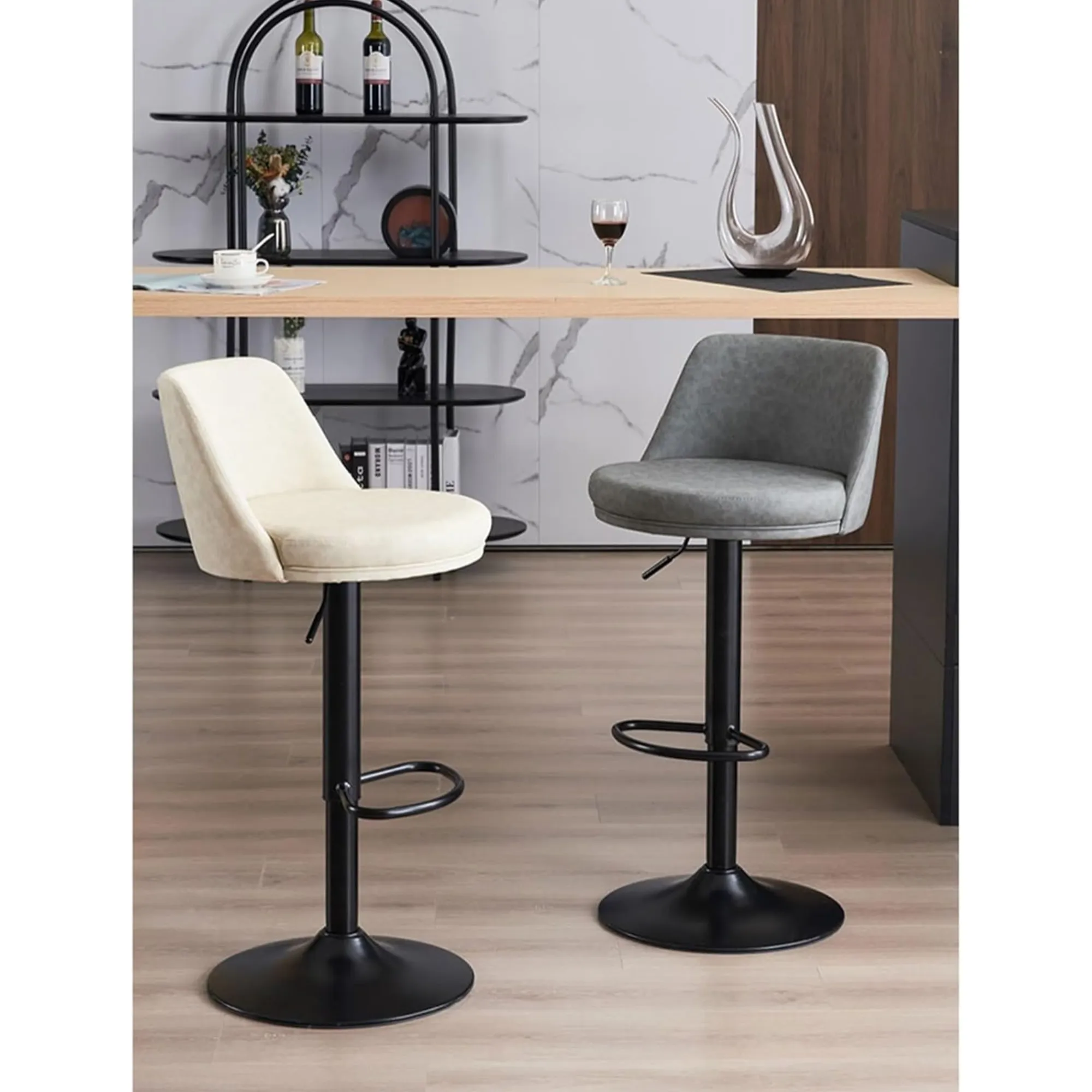 Adjustable Round Leather Bar Stool With Swivel And Stainless Steel Frame Beige