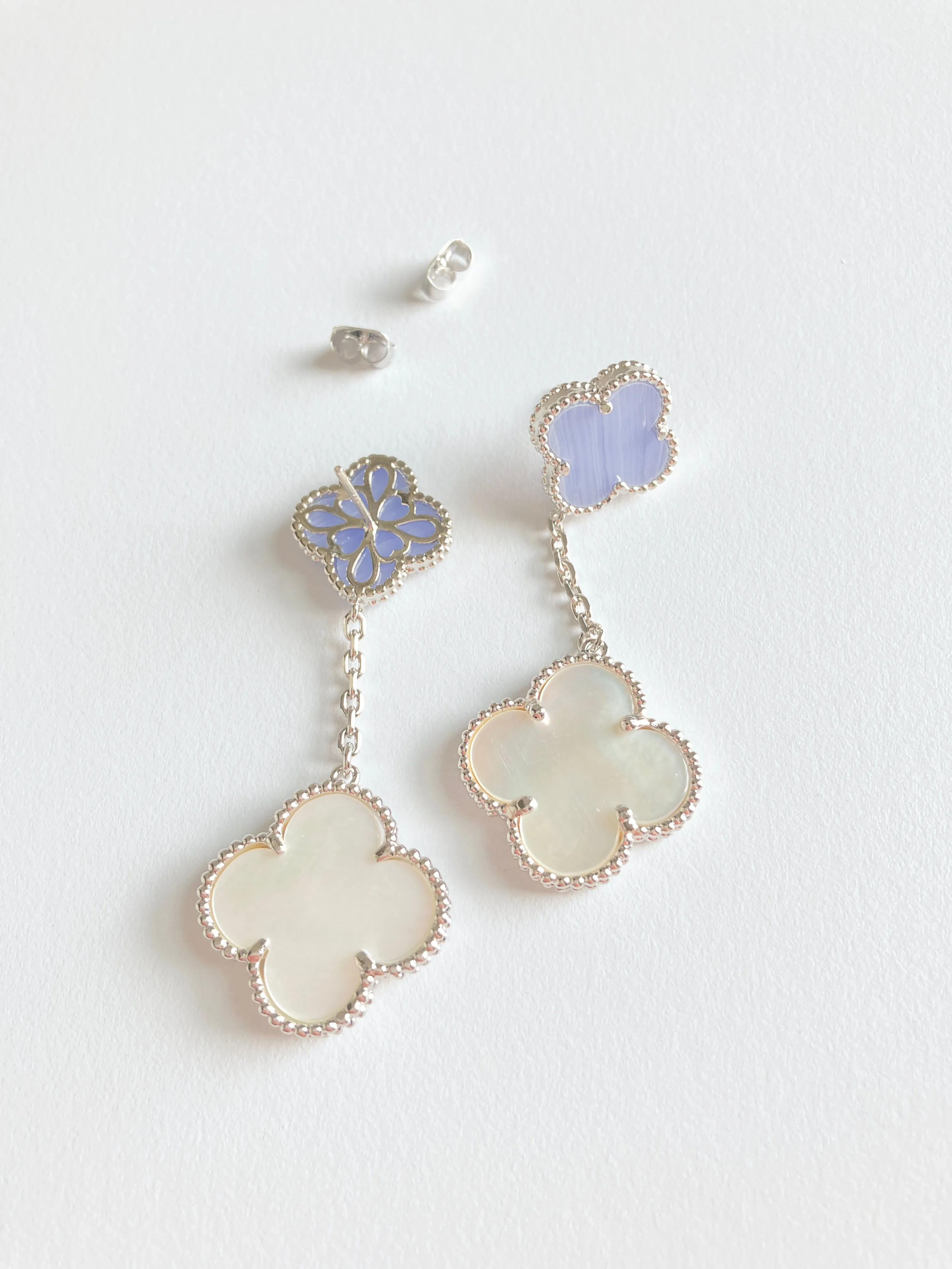 Agate and Mother of Pearl Quatrefoil Drop Earrings in Silver