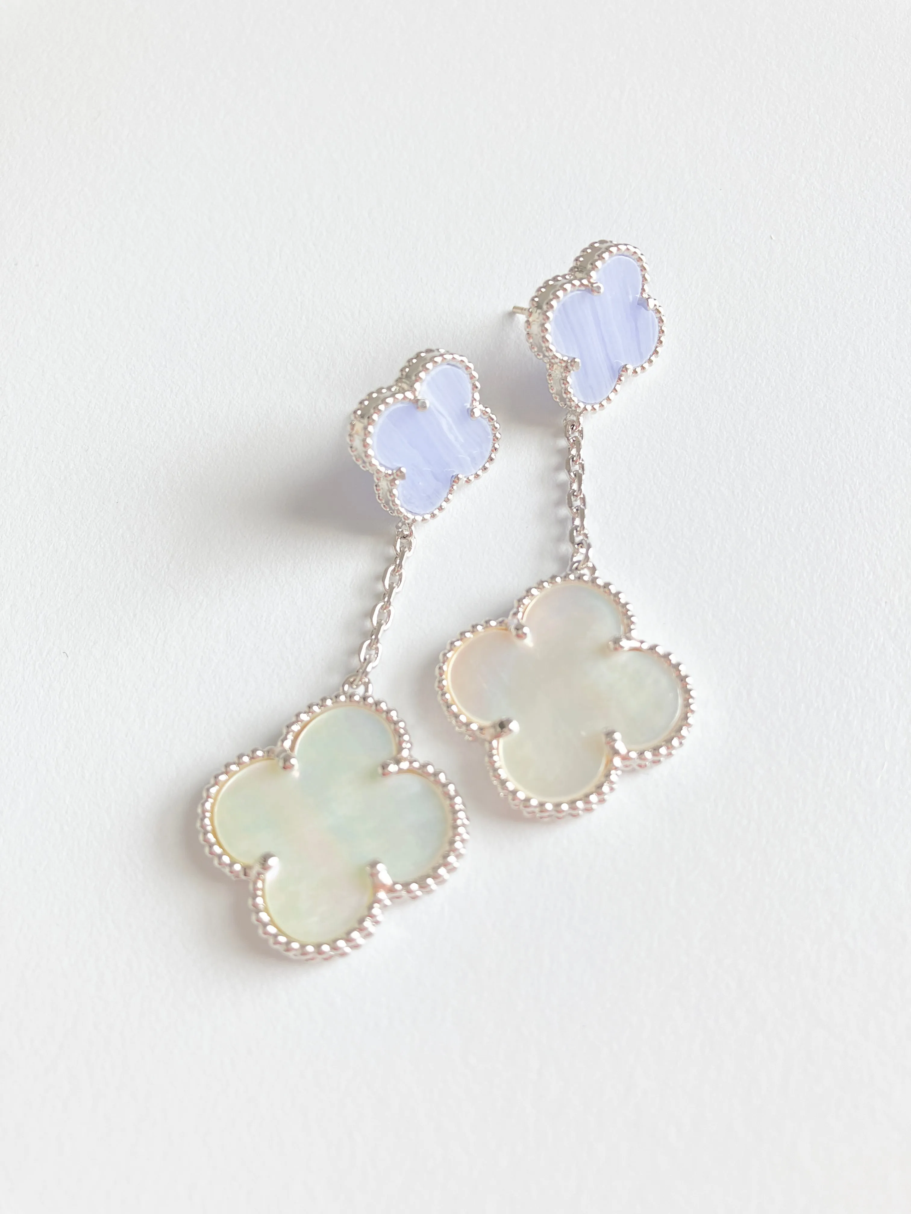 Agate and Mother of Pearl Quatrefoil Drop Earrings in Silver