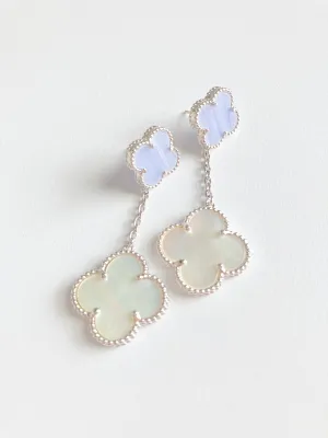 Agate and Mother of Pearl Quatrefoil Drop Earrings in Silver
