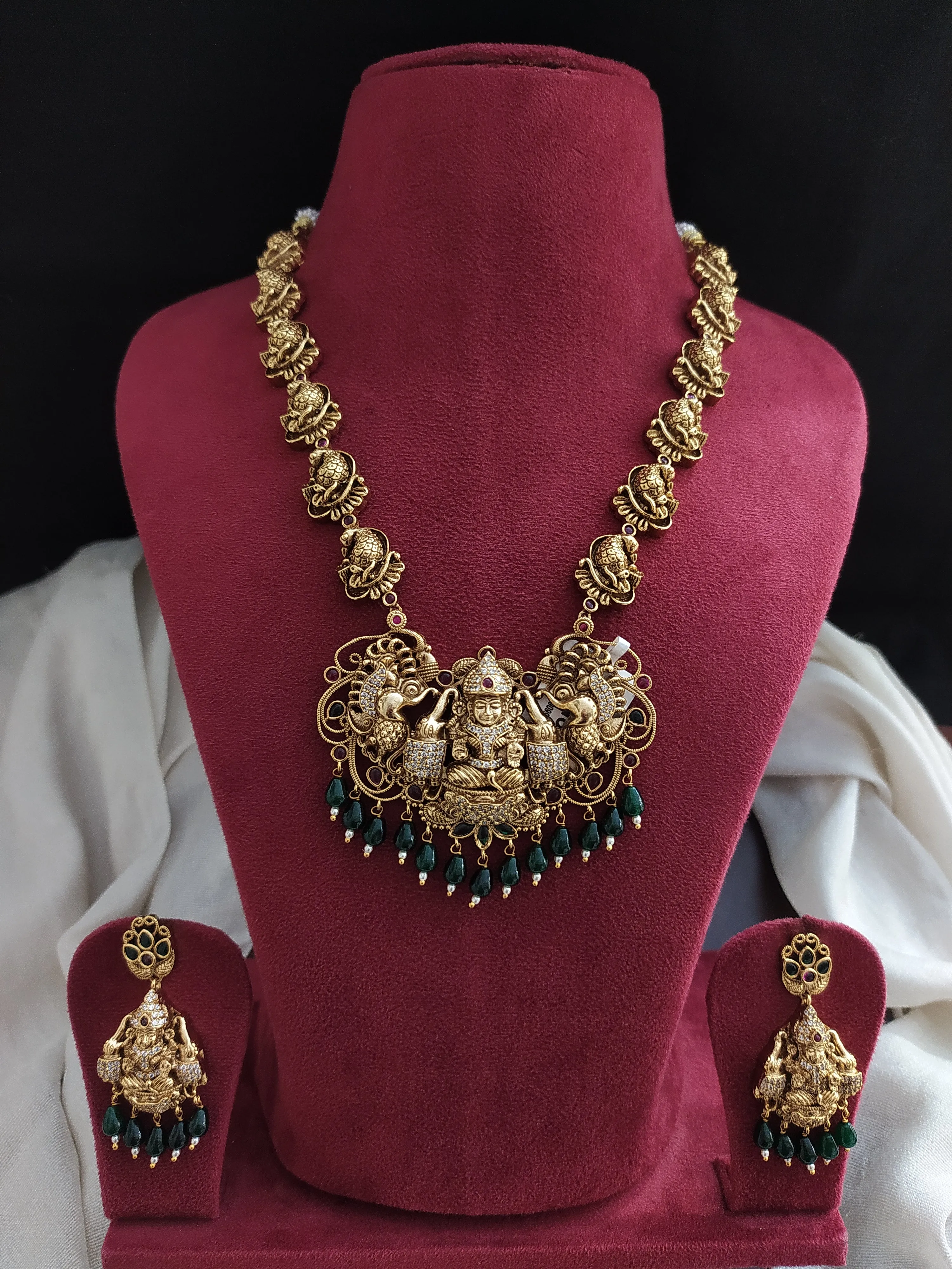 Antique Necklace Set with Lakshmi Pendant and Peacock Chain