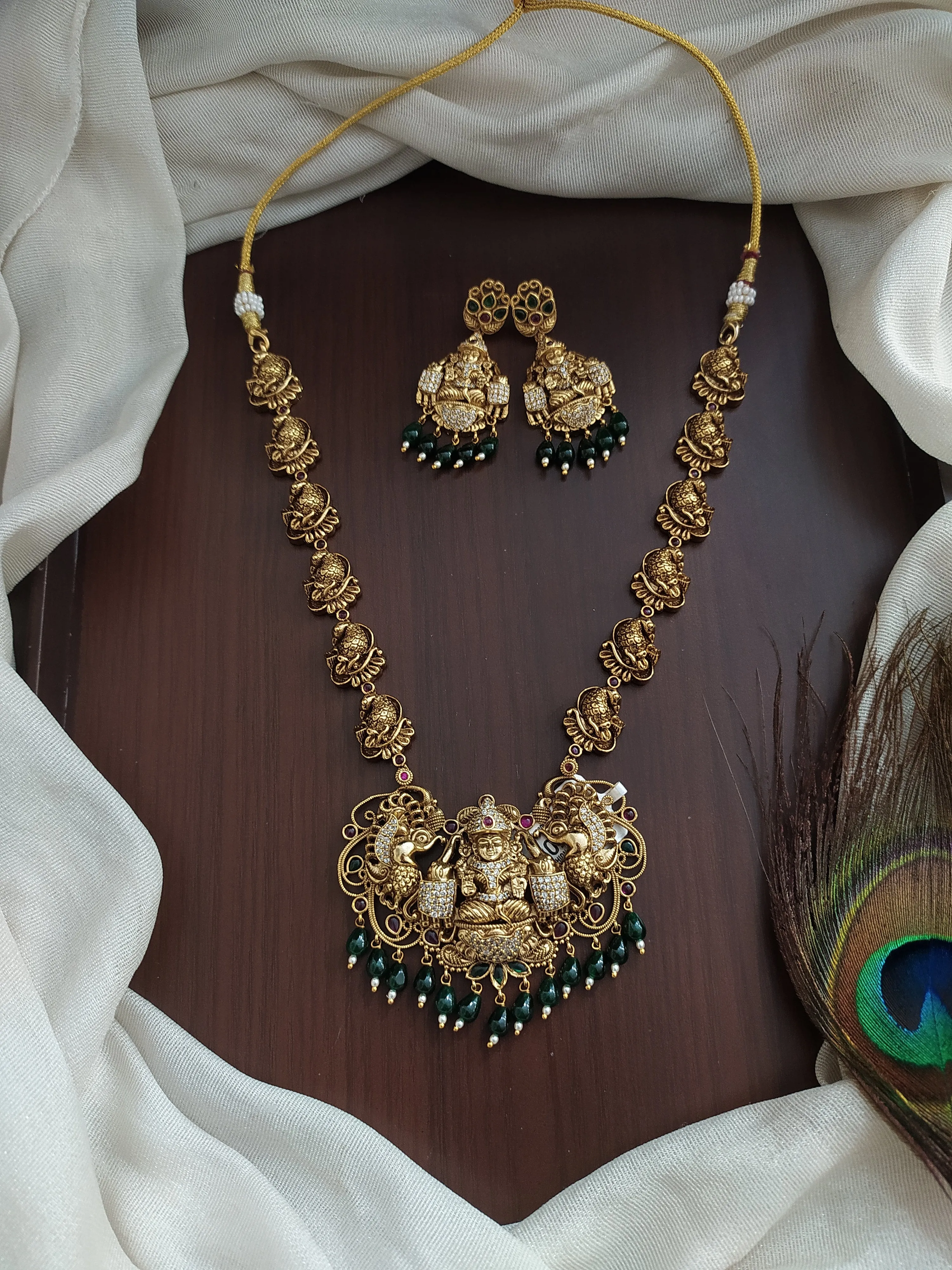 Antique Necklace Set with Lakshmi Pendant and Peacock Chain
