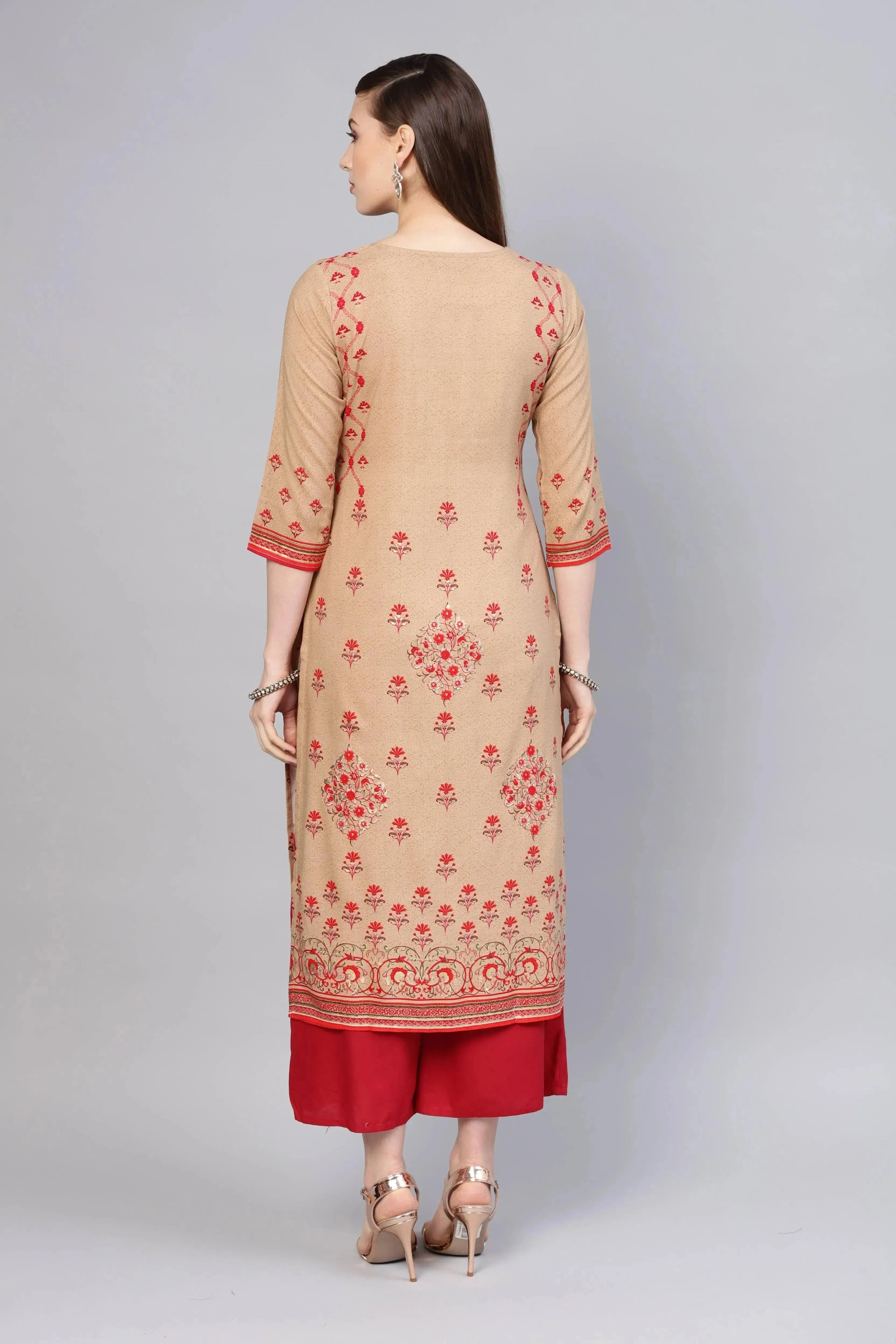 Beige Printed Rayon Kurta