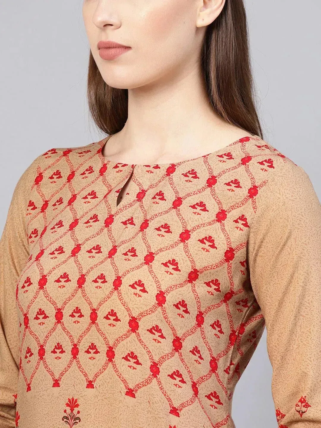Beige Printed Rayon Kurta