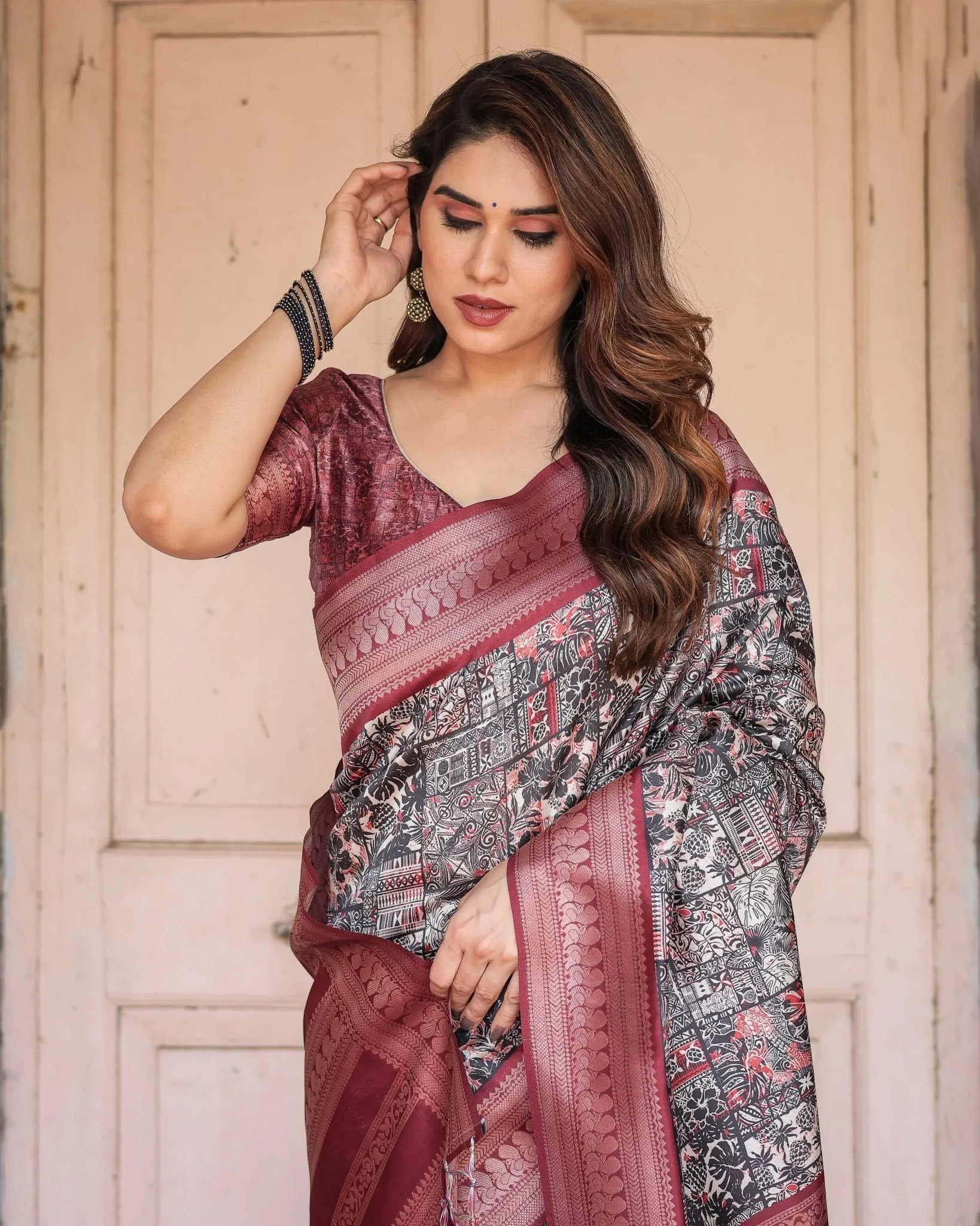 Black and Red Banarasi Silk Saree with Geometric Print and Rich Zari Border