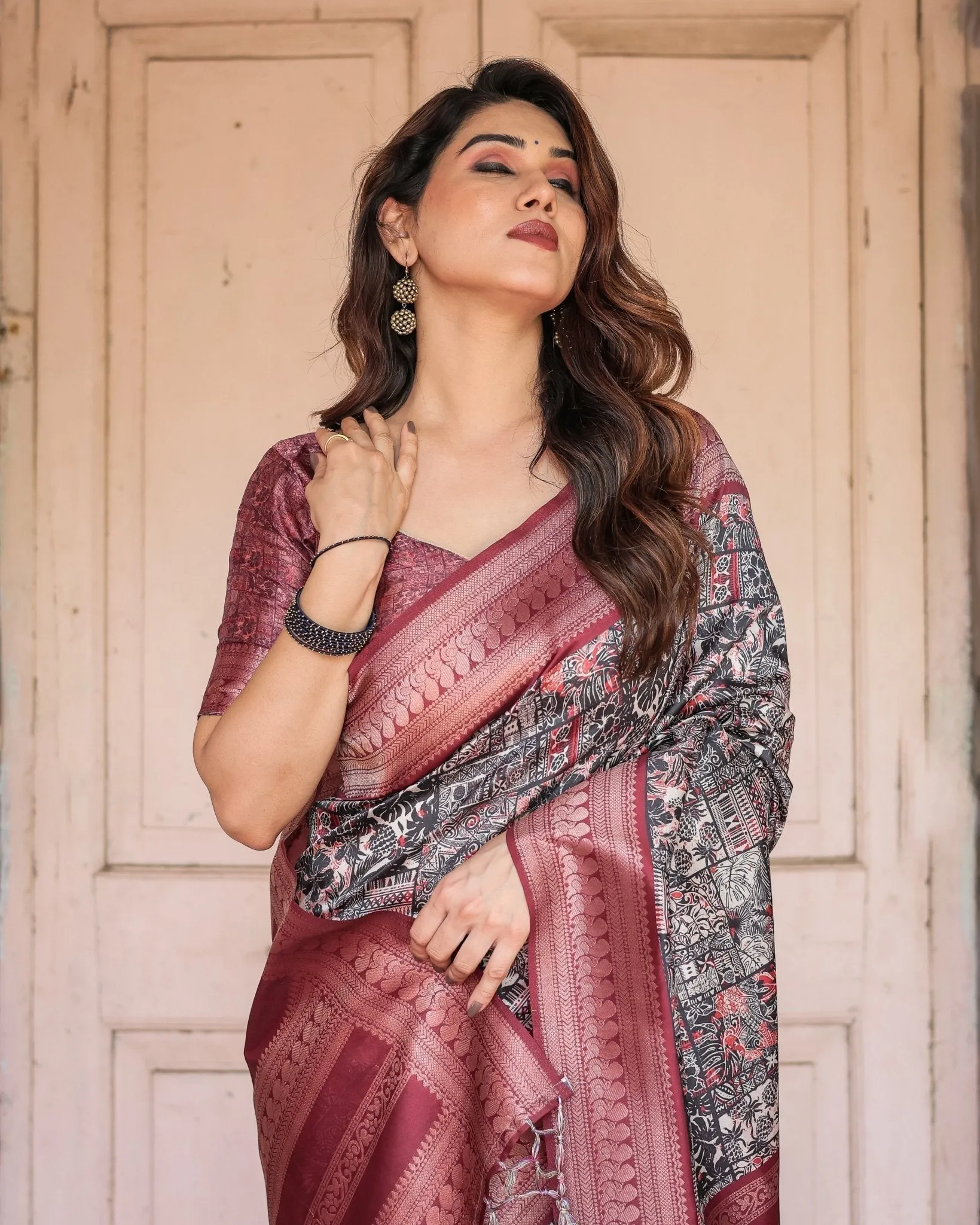 Black and Red Banarasi Silk Saree with Geometric Print and Rich Zari Border