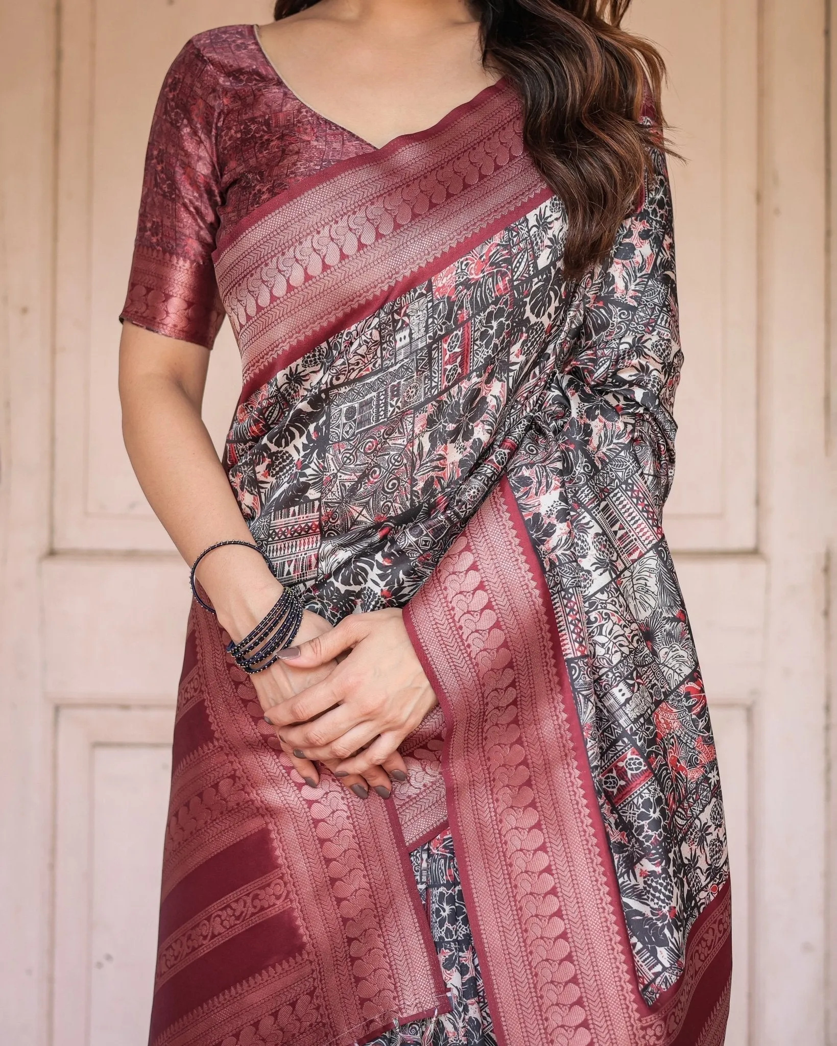 Black and Red Banarasi Silk Saree with Geometric Print and Rich Zari Border