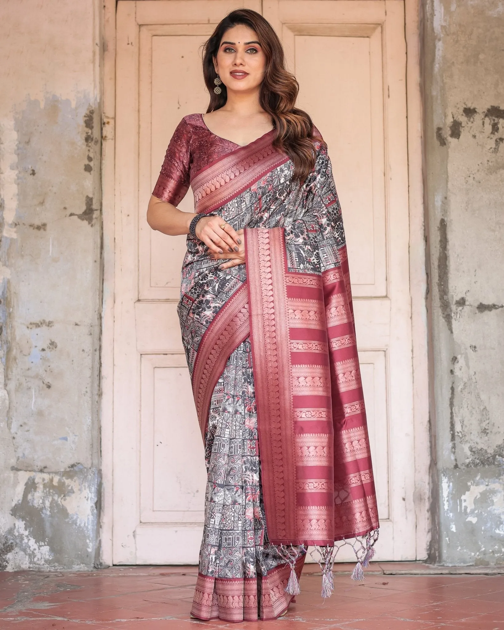 Black and Red Banarasi Silk Saree with Geometric Print and Rich Zari Border