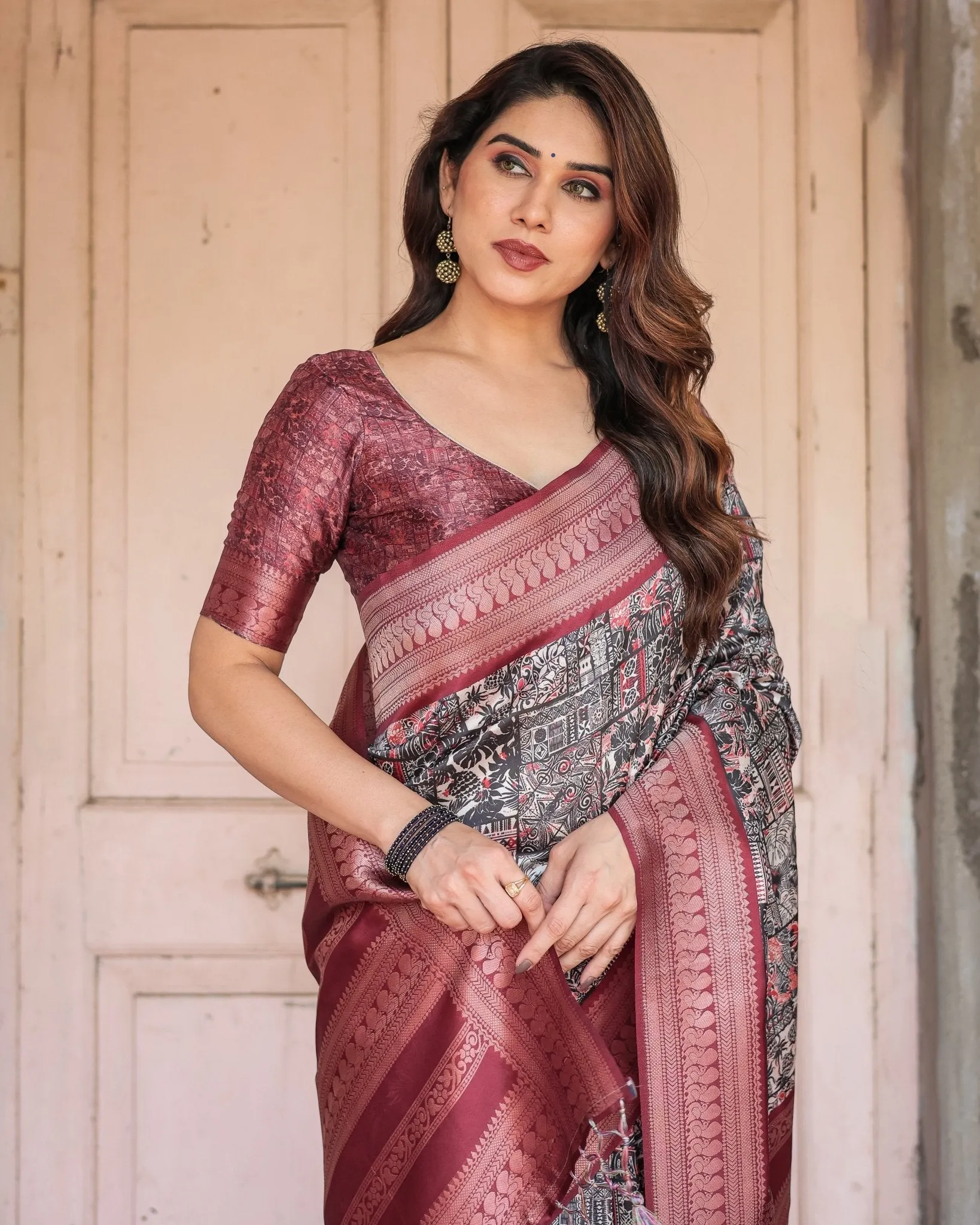 Black and Red Banarasi Silk Saree with Geometric Print and Rich Zari Border