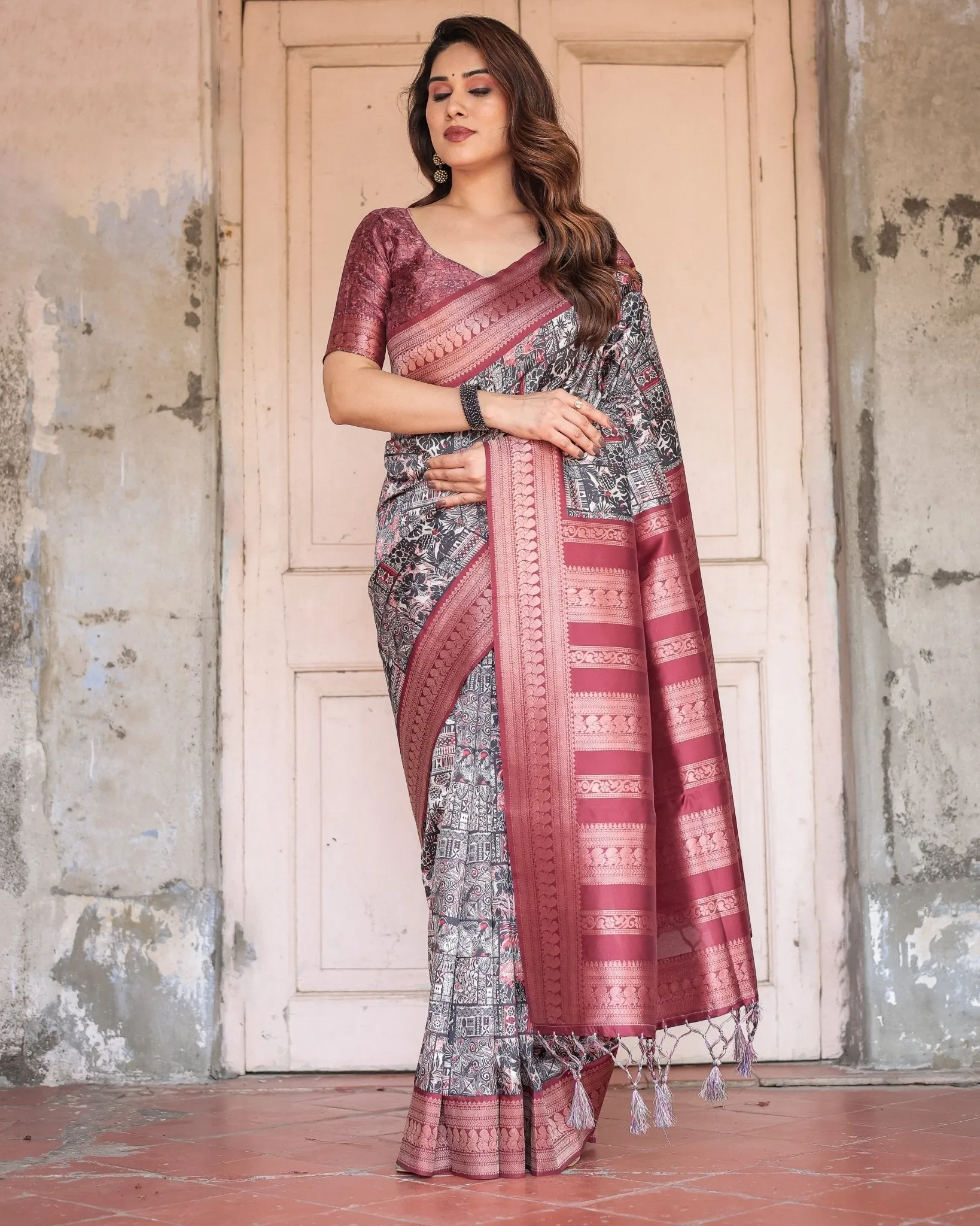 Black and Red Banarasi Silk Saree with Geometric Print and Rich Zari Border