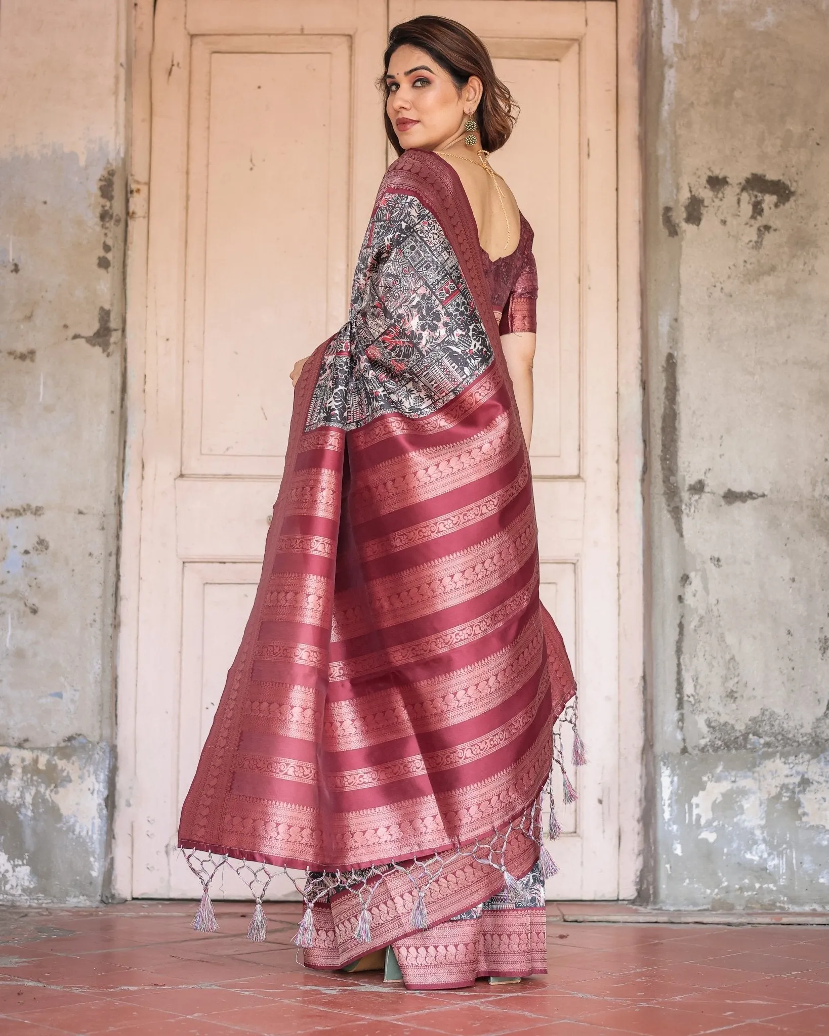Black and Red Banarasi Silk Saree with Geometric Print and Rich Zari Border