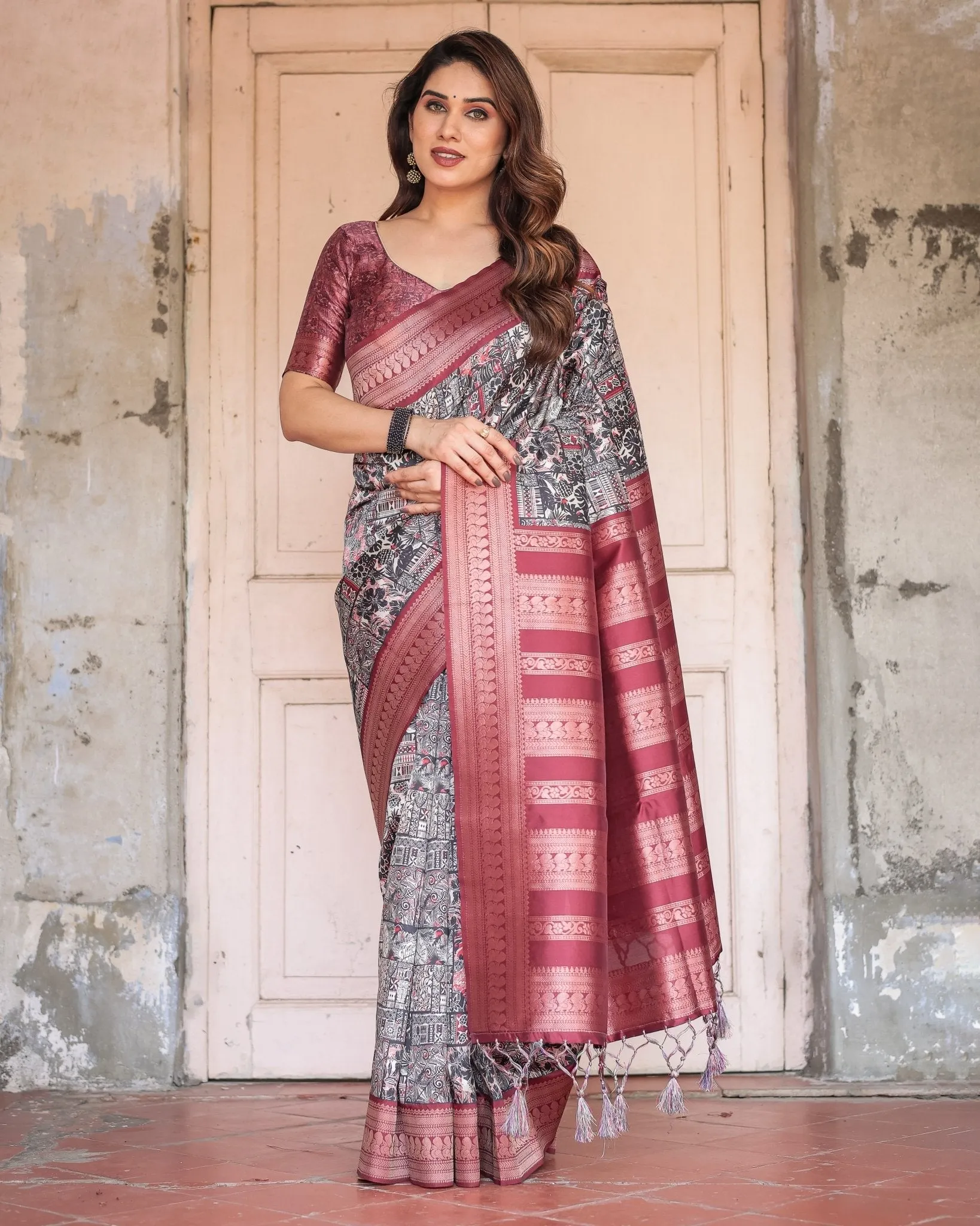 Black and Red Banarasi Silk Saree with Geometric Print and Rich Zari Border