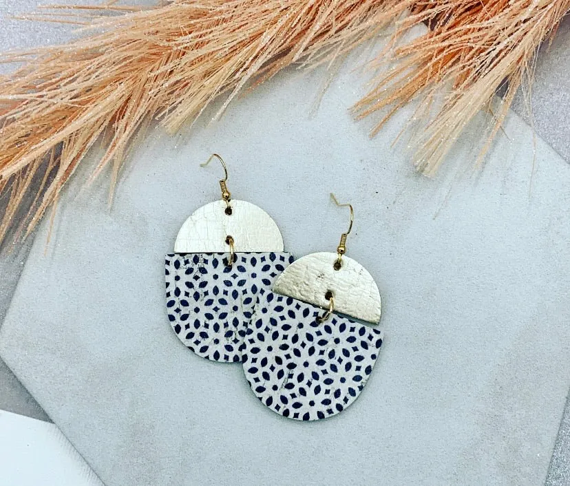 Black and White Floral Geo Print Cork and Gold Faux Leather Oval Earrings