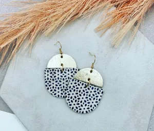 Black and White Floral Geo Print Cork and Gold Faux Leather Oval Earrings