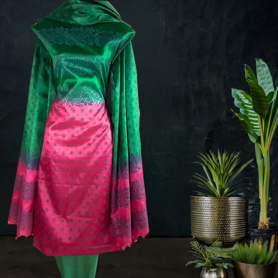 Block Printed Tussar Silk Suit in Green Pink