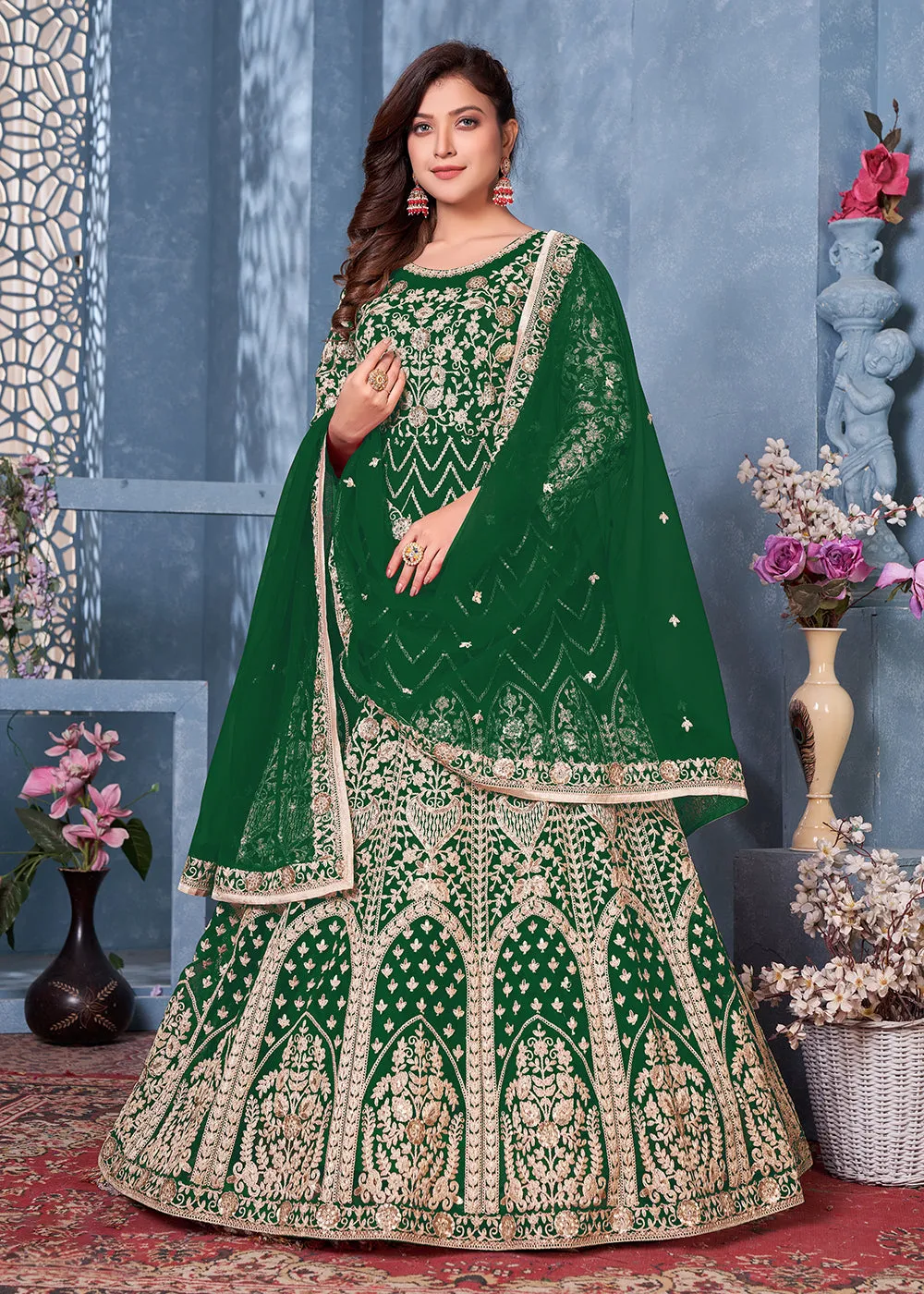 Bottle Green Net Abaya Style Heavy Embroidered Anarkali Suit