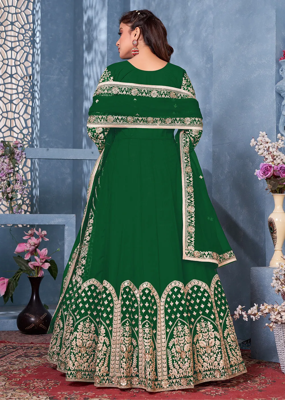 Bottle Green Net Abaya Style Heavy Embroidered Anarkali Suit