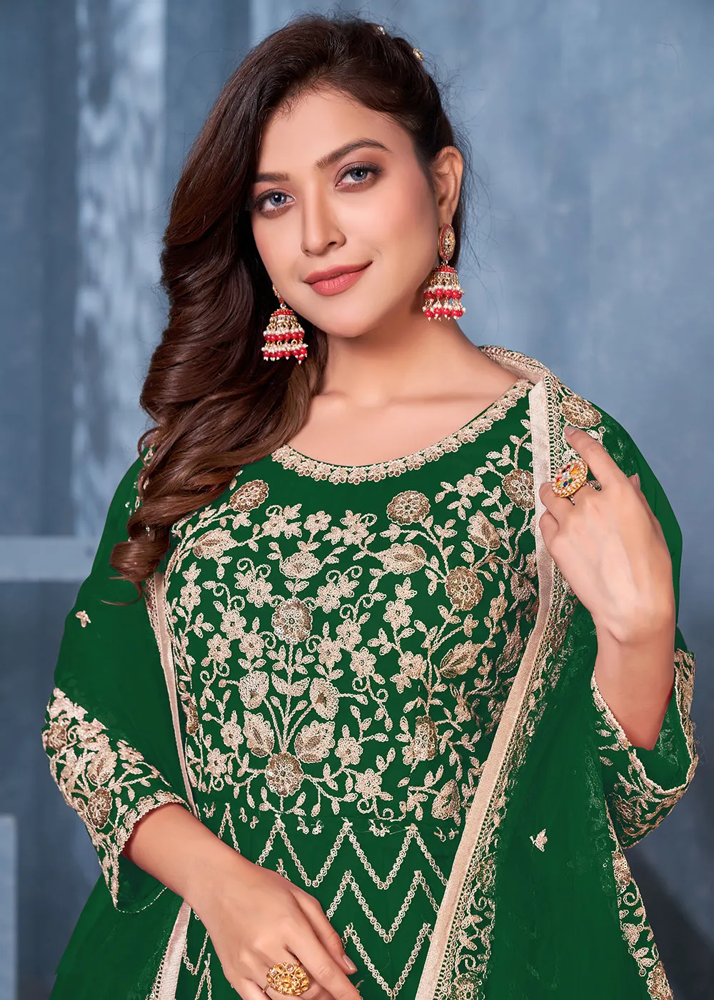 Bottle Green Net Abaya Style Heavy Embroidered Anarkali Suit
