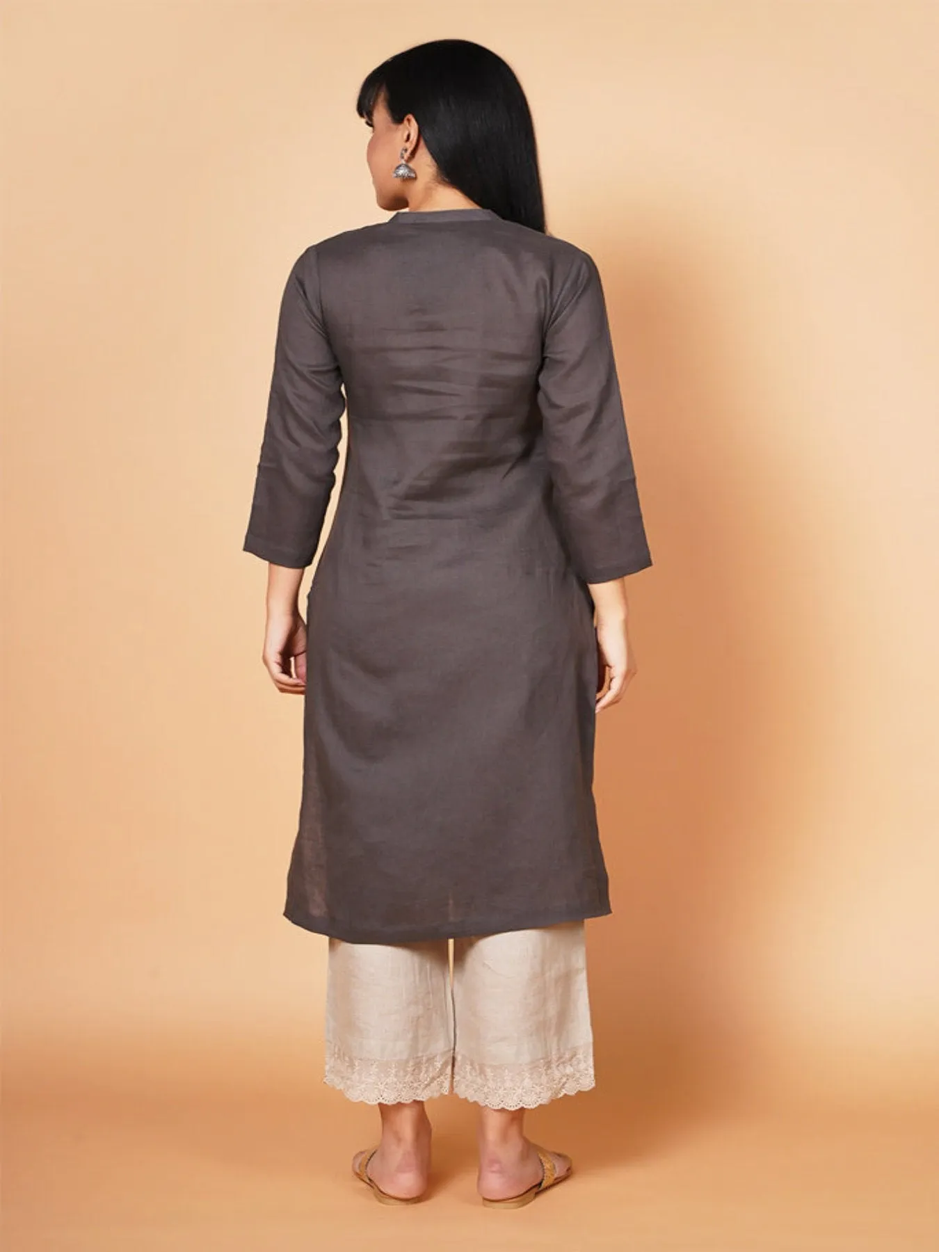 Charcoal Floral Embroidered Linen Kurta