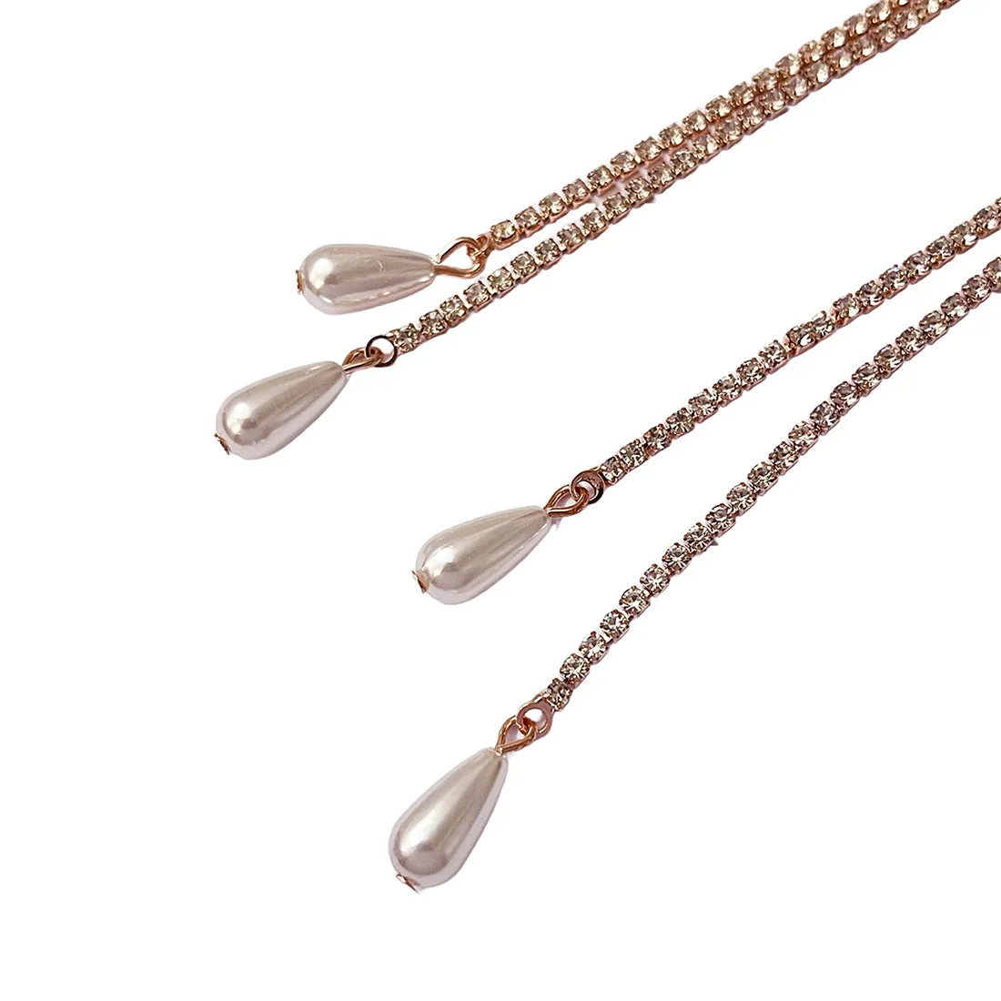 Contemporary Rose Gold-Toned Diamante Crystal & Pearl Studded Long Drop Earrings