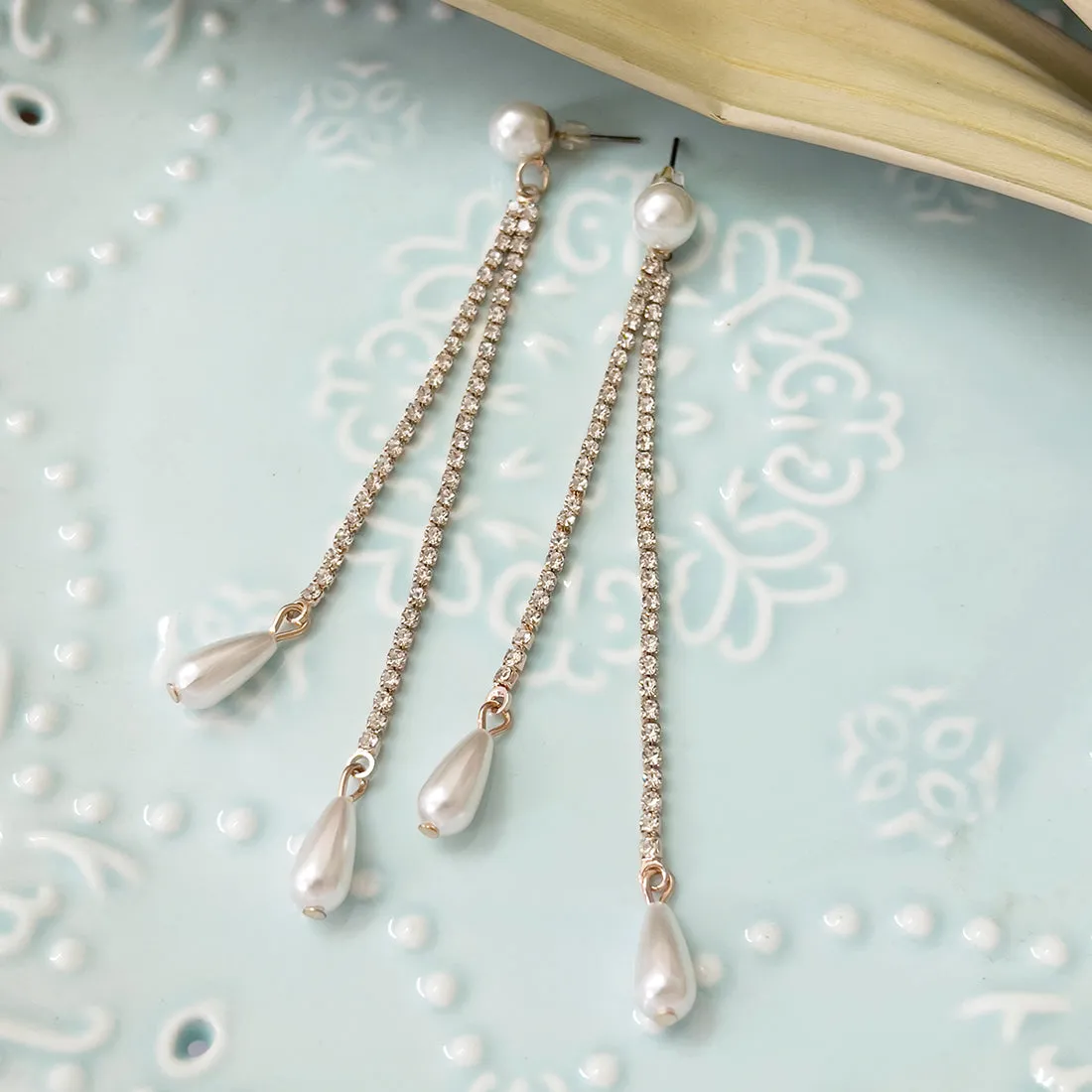 Contemporary Rose Gold-Toned Diamante Crystal & Pearl Studded Long Drop Earrings