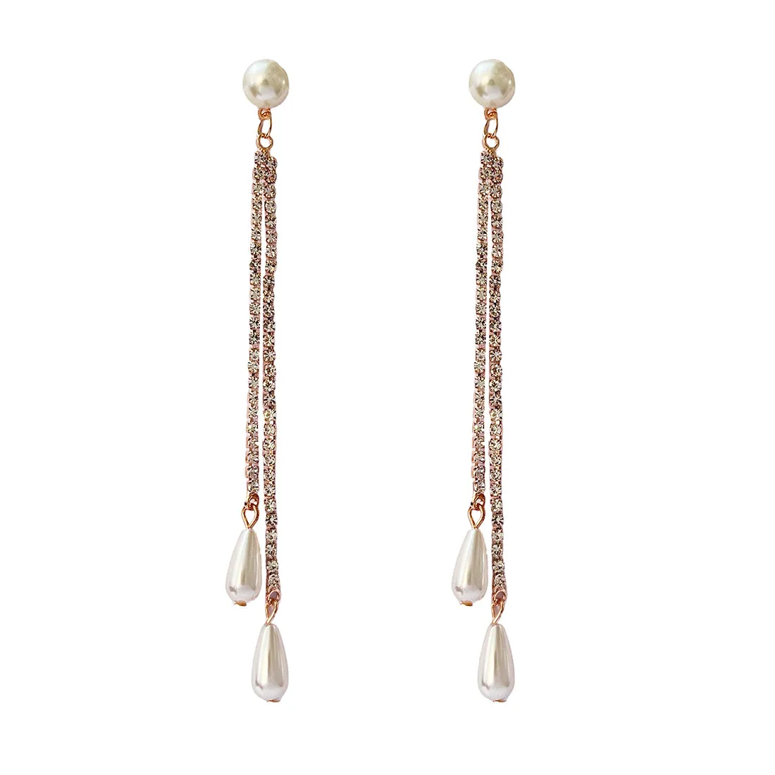 Contemporary Rose Gold-Toned Diamante Crystal & Pearl Studded Long Drop Earrings