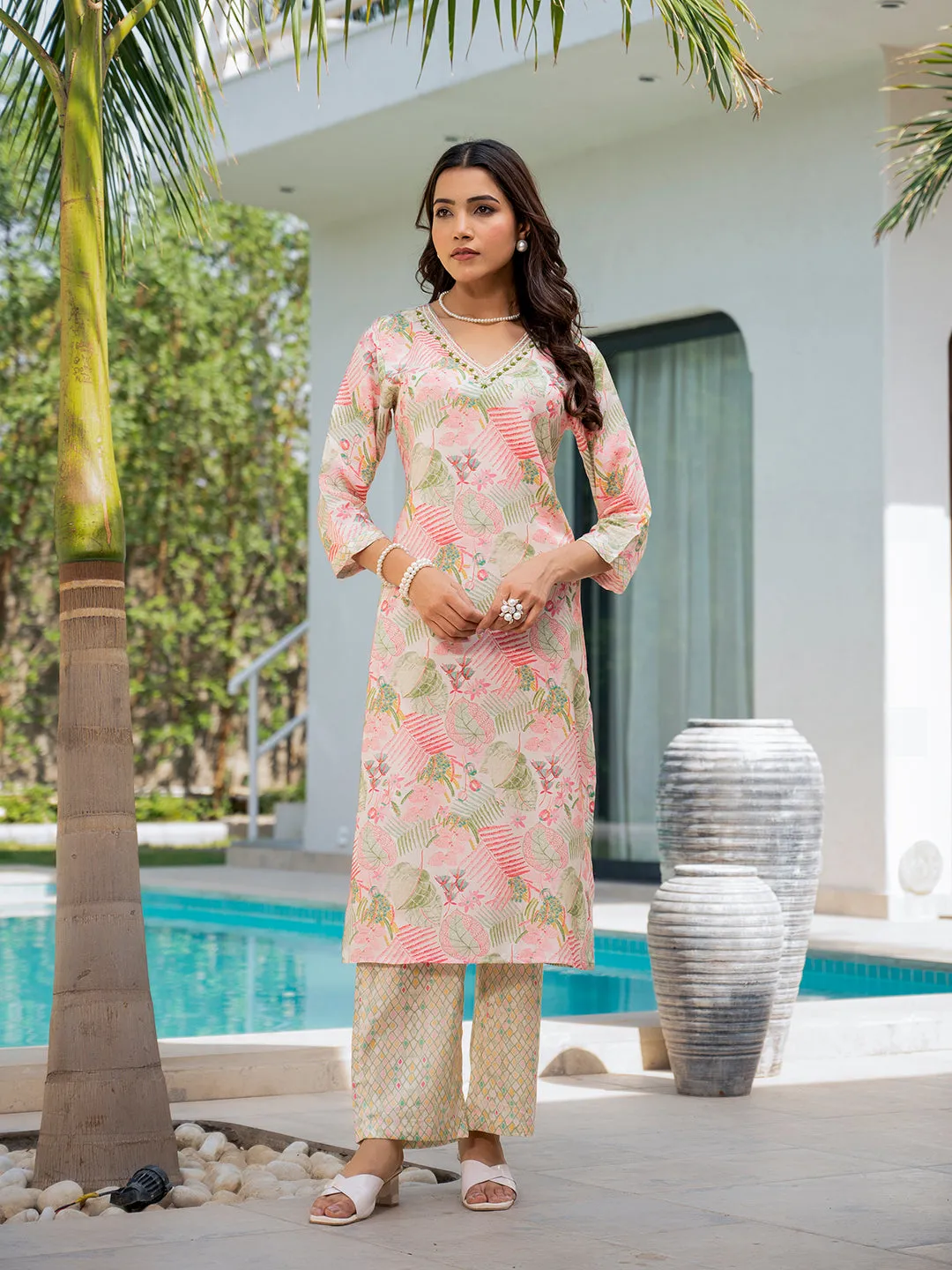 Cream Embroidered & Floral Print Muslin Kurta Set