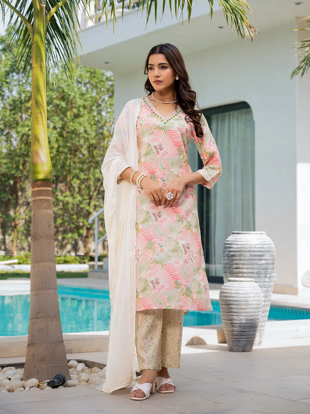 Cream Embroidered & Floral Print Muslin Kurta Set