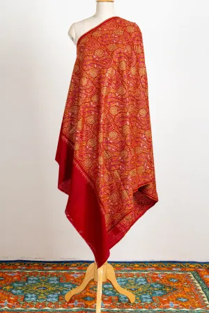 Crimson Splendor Finest Merino Wool Hand-Embroidered Sozni Shawl
