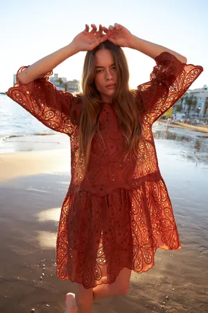 Crisp Delicate embroidered cotton dress - Brown
