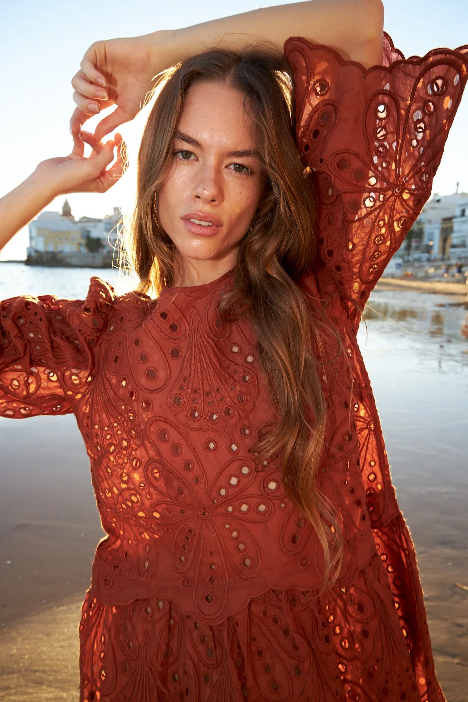 Crisp Delicate embroidered cotton dress - Brown