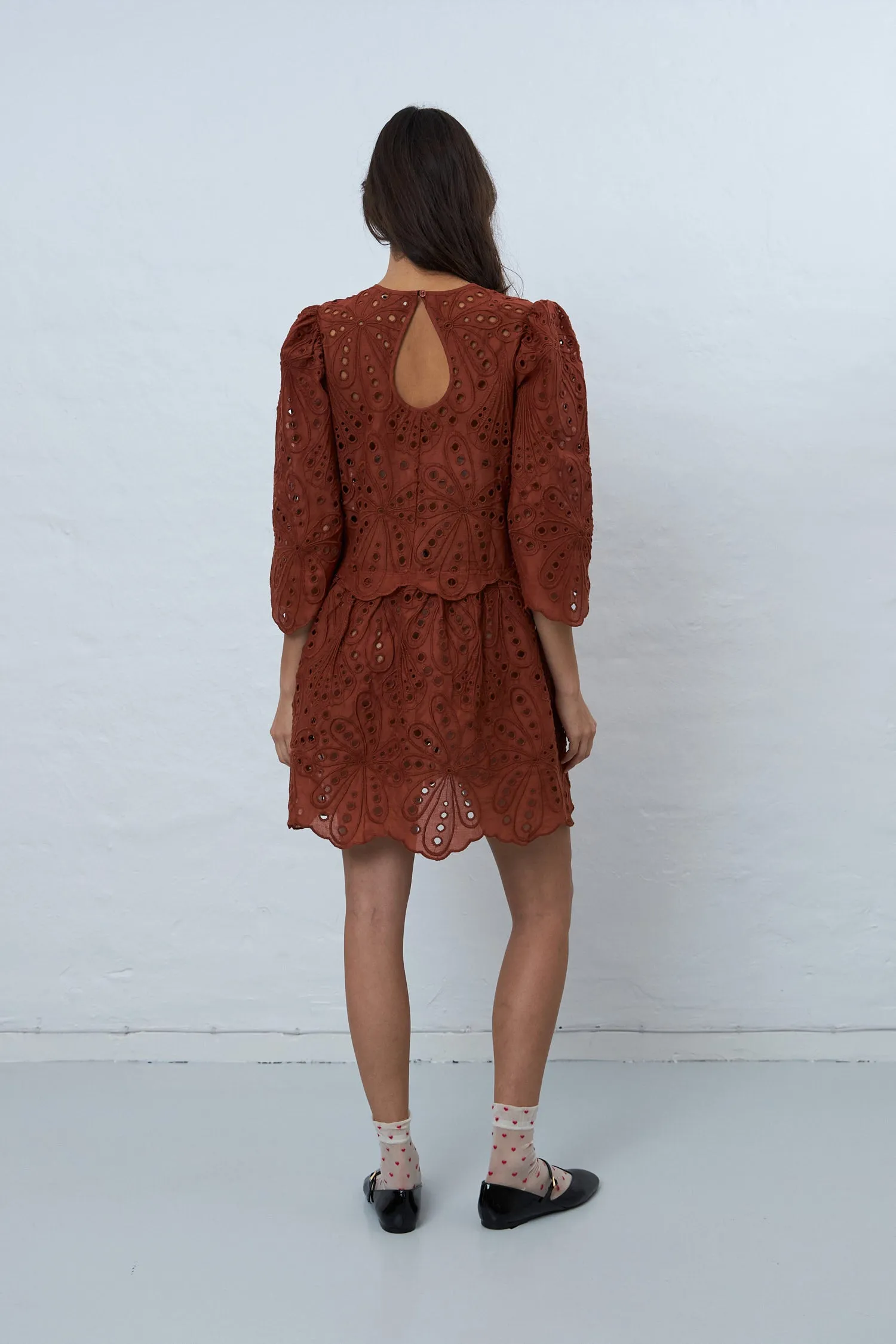 Crisp Delicate embroidered cotton dress - Brown