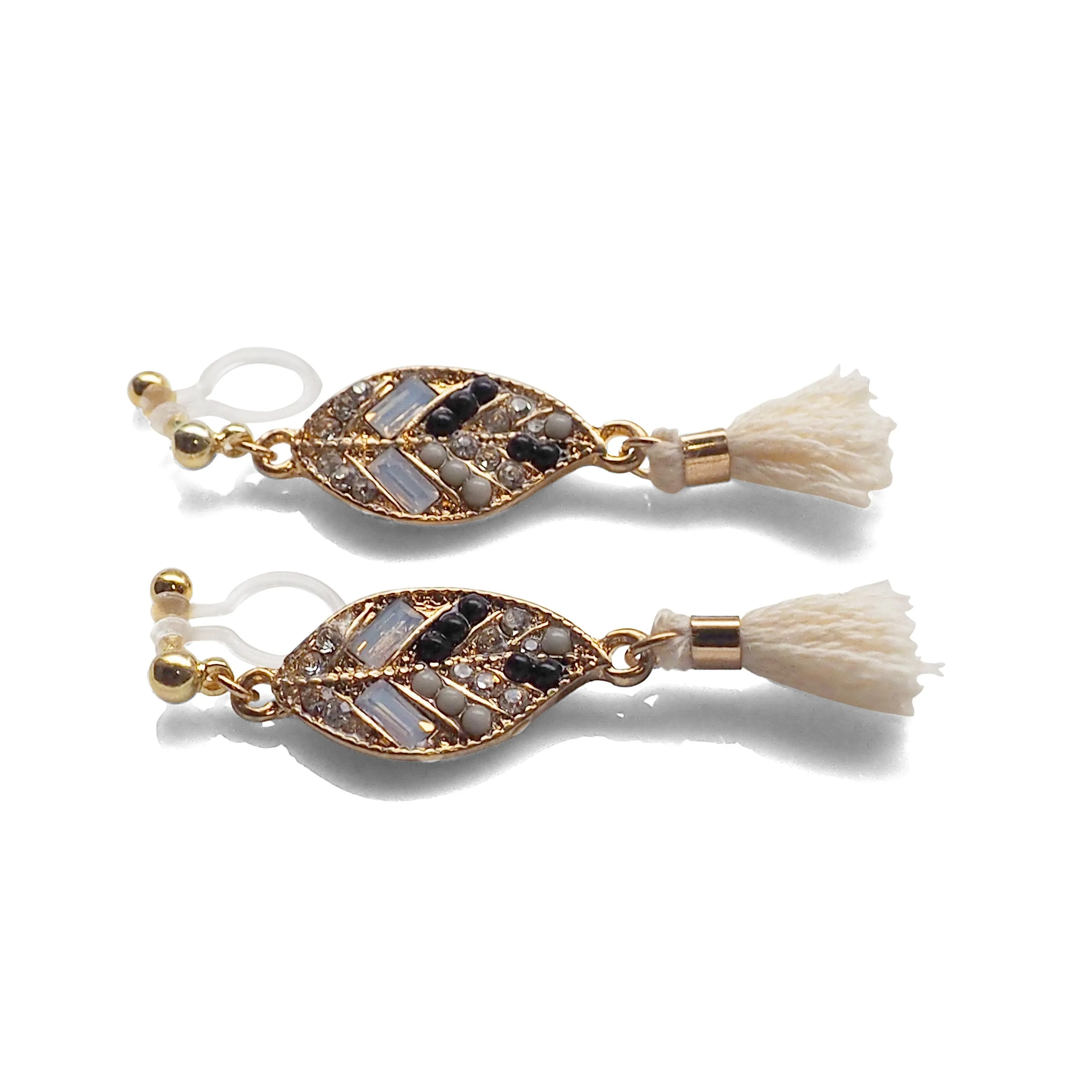 Dangle gold leaf rhinestone and white tassel invisible clip on earrings