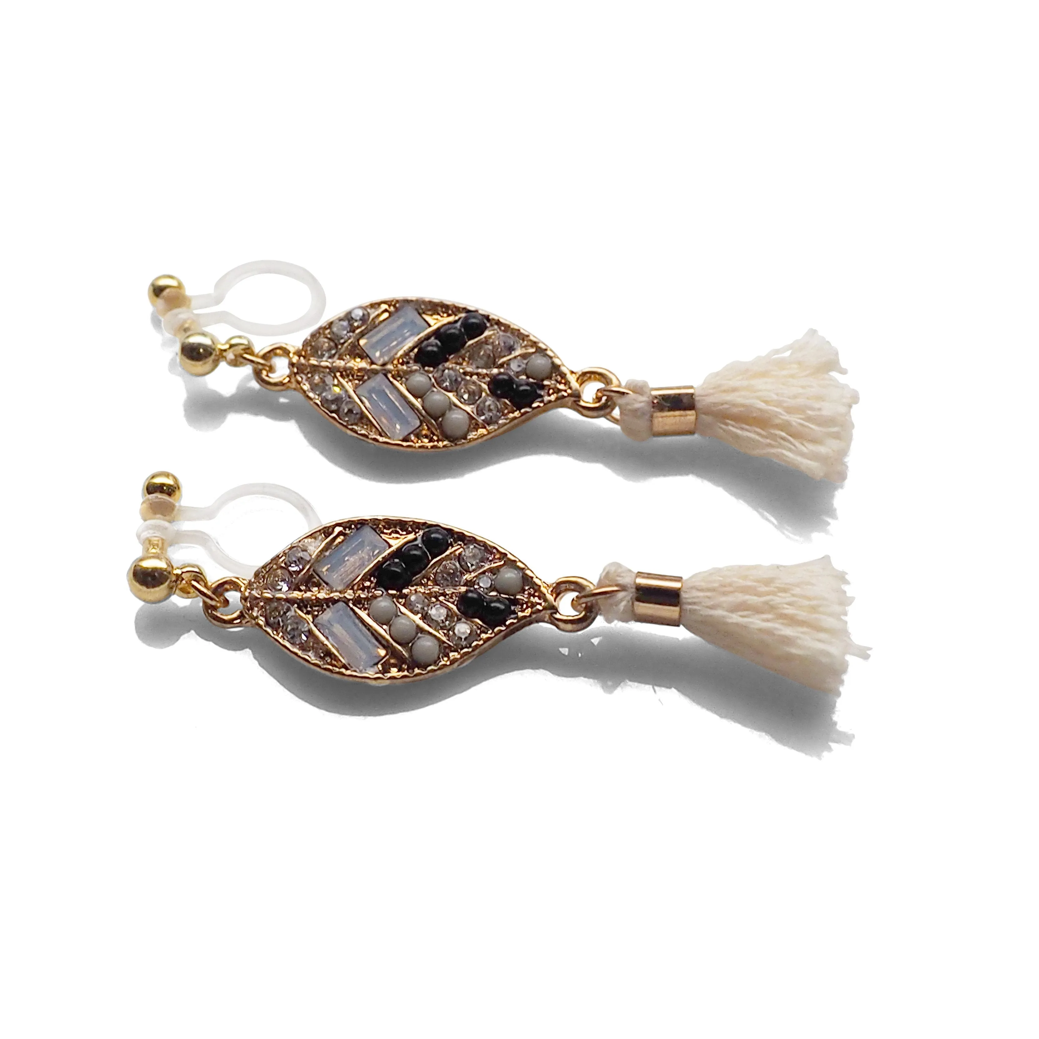 Dangle gold leaf rhinestone and white tassel invisible clip on earrings