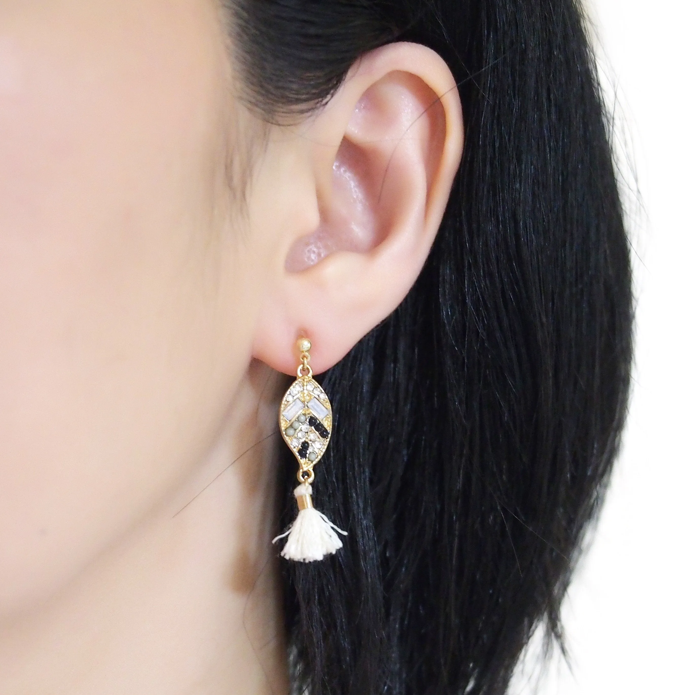 Dangle gold leaf rhinestone and white tassel invisible clip on earrings
