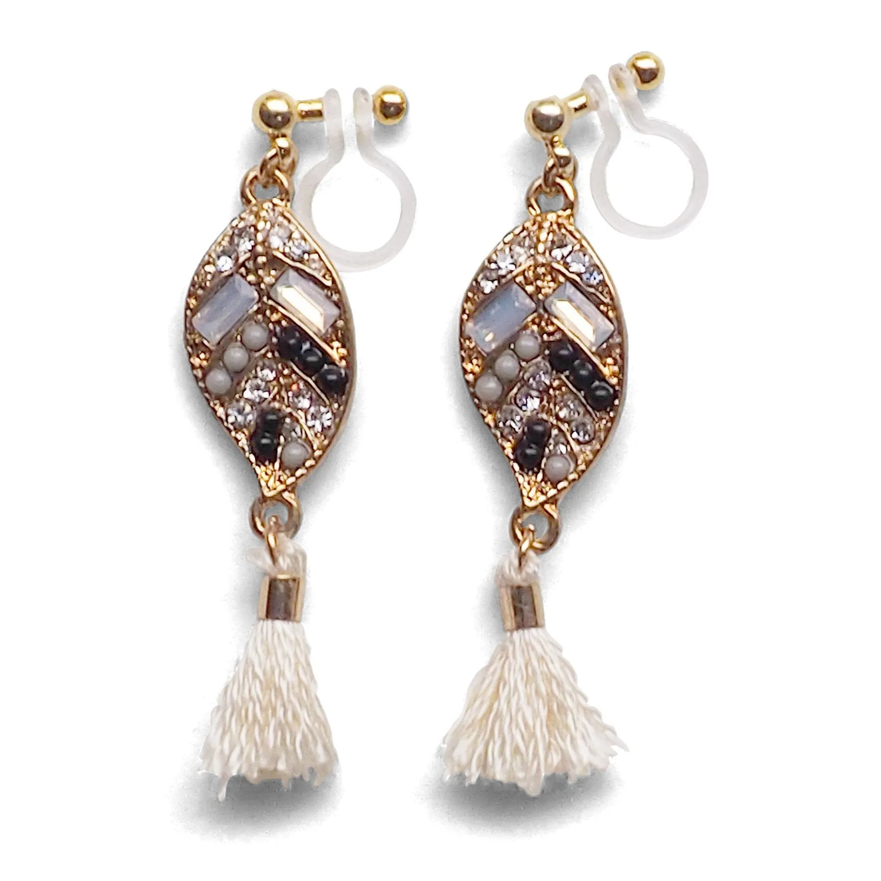 Dangle gold leaf rhinestone and white tassel invisible clip on earrings