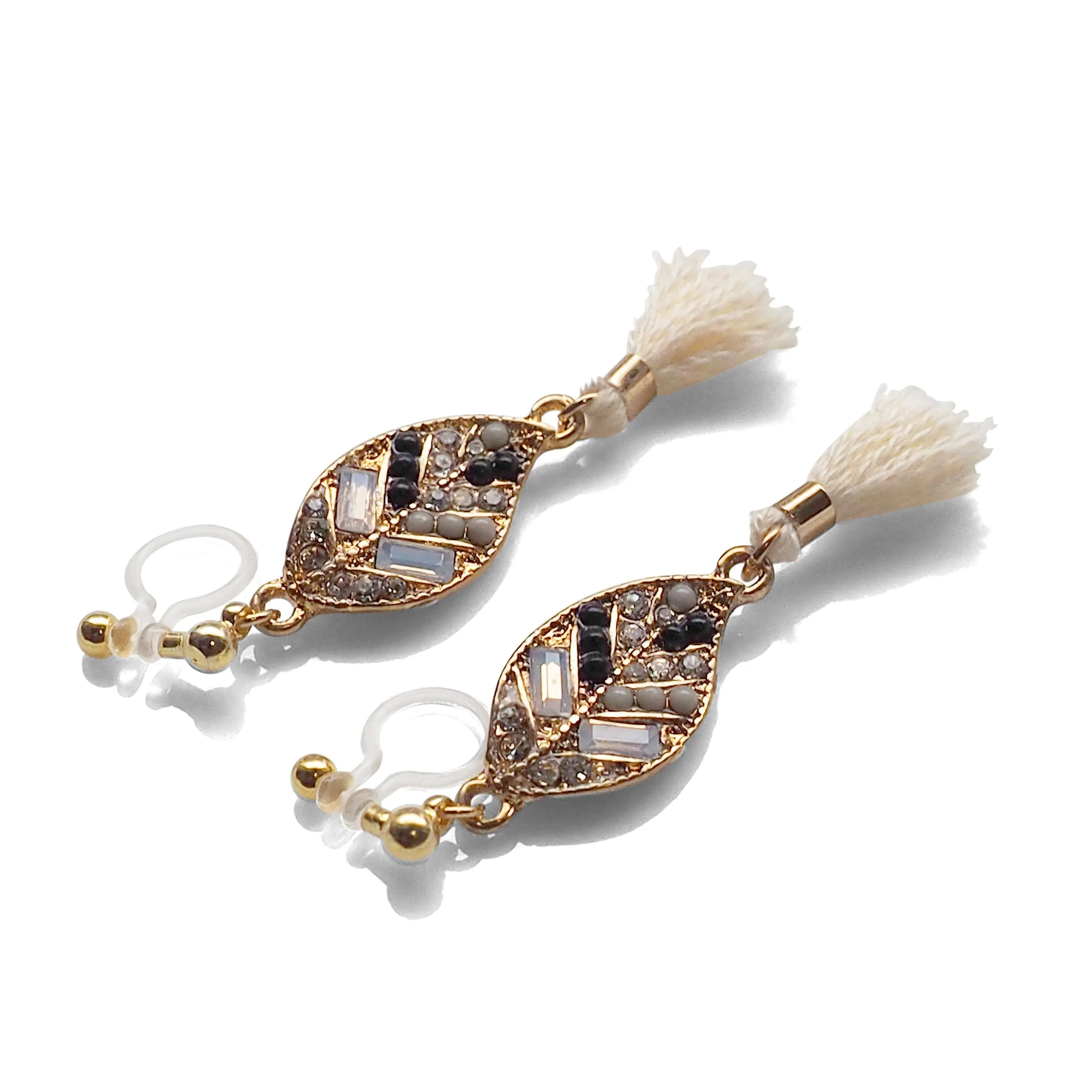 Dangle gold leaf rhinestone and white tassel invisible clip on earrings