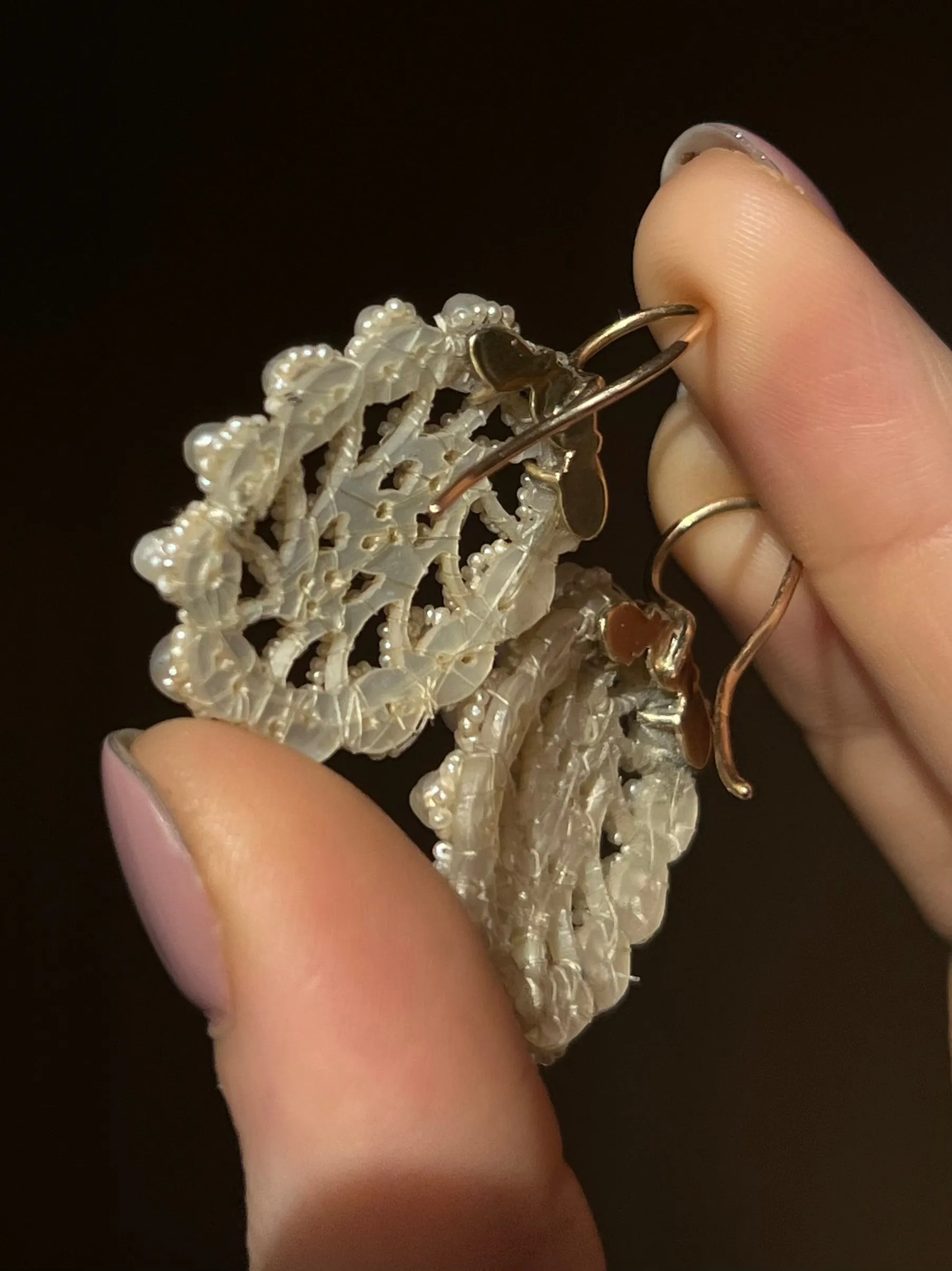 Darling Pearl Weddingwork Earrings C. 1830