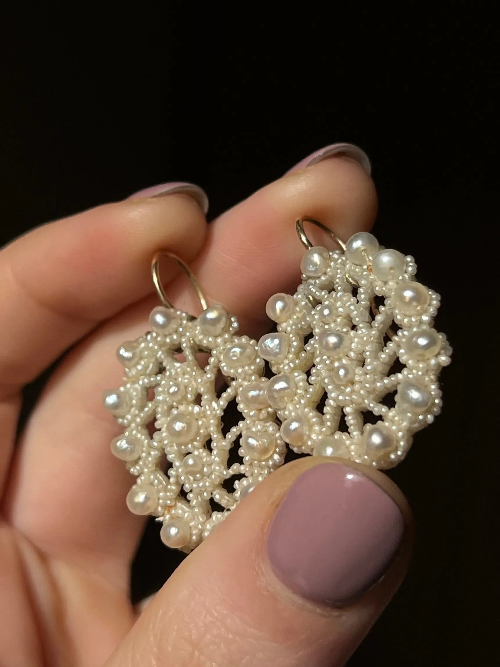 Darling Pearl Weddingwork Earrings C. 1830